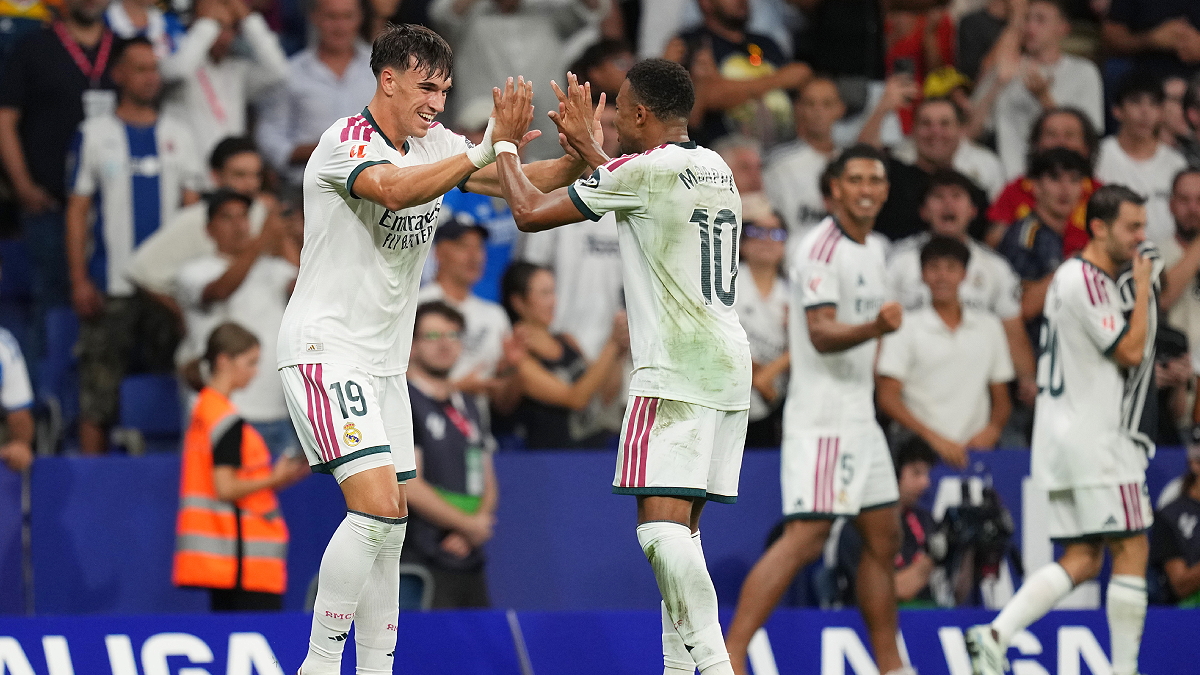 BARCELONA, SPAIN - AUGUST 22: Carlos Espi of Real Madrid celebrates scoring his team’s second goal with Kylian Mbappe during the LaLiga EA Sports 2026/27 match between RCD Espanyol de Barcelona and Real Madrid at RCDE Stadium on August 22, 2026 in Barcelona, Spain. (Photo by Alex Caparros/Getty Images)
