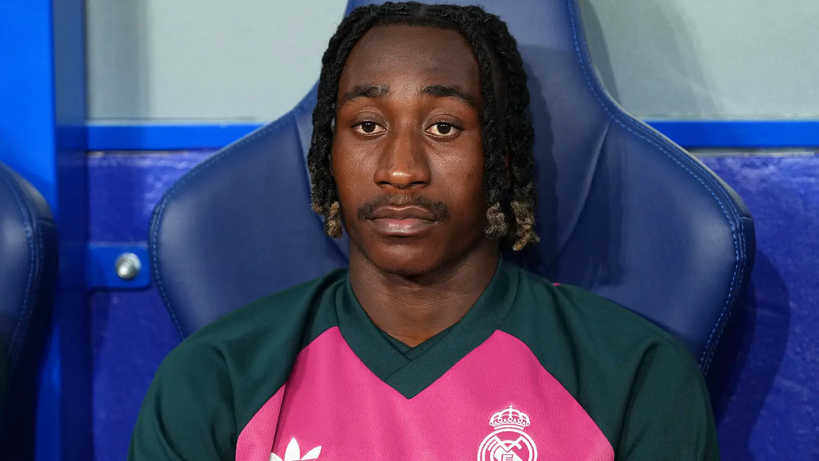 BARCELONA, SPAIN - AUGUST 22: Yan Diomande of Real Madrid looks on before the LaLiga EA Sports 2026/27 match between RCD Espanyol de Barcelona and Real Madrid at RCDE Stadium on August 22, 2026 in Barcelona, Spain. (Photo by Alex Caparros/Getty Images)