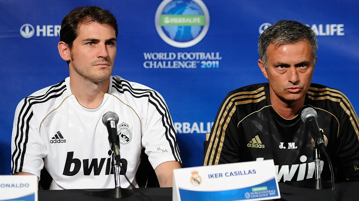 LOS ANGELES, CA - JULY 12: Real Madrid coach Jose Mourinho (R) players Cristiano Ronaldo (L) and goalkeeper Iker Casillas during a news conference to announce the Herbalife World Football Challange 2011 friendly soccer tournament between 13 European and US soccer clubs on July 12, 2011 in Los Angeles, California. The Los Angeles Galaxy will play Real Madrid in a friendly soccer match on Saturday. (Photo by Kevork Djansezian/Getty Images)