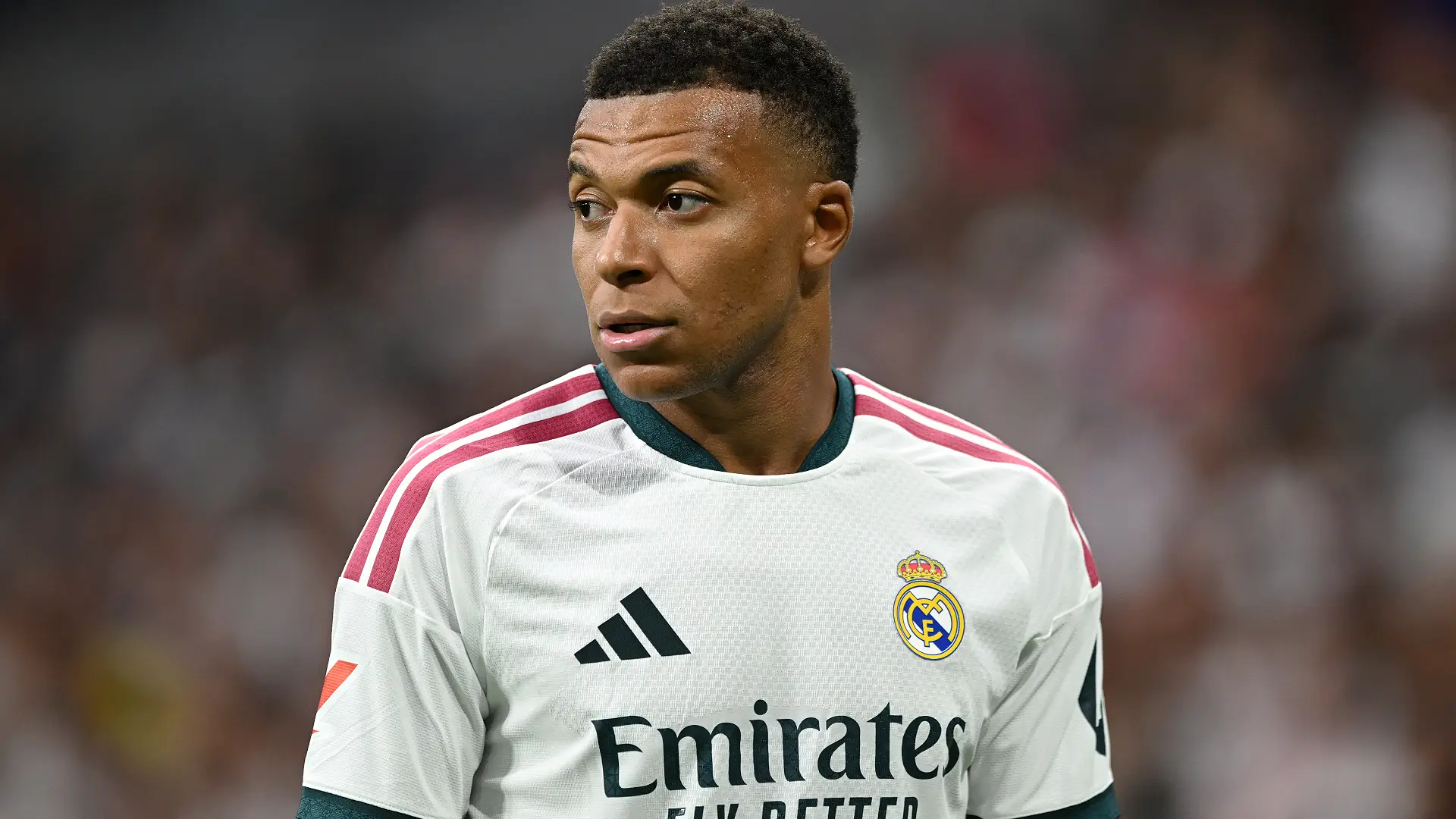 MADRID, SPAIN - AUGUST 30: Kylian Mbappe of Real Madrid looks on during the LaLiga EA Sports 2026/27 match between Real Madrid and Malaga CF at Estadio Santiago Bernabeu on August 30, 2026 in Madrid, Spain. (Photo by Denis Doyle/Getty Images)