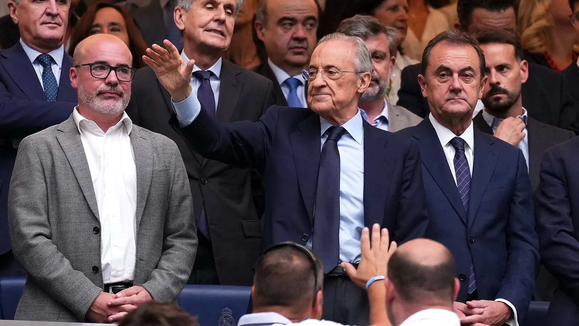 MADRID, SPAIN - AUGUST 30: Florentino Perez, president of Real Madrid in the stands before the LaLiga EA Sports 2026/27 match between Real Madrid and Malaga CF at Estadio Santiago Bernabeu on August 30, 2026 in Madrid, Spain. (Photo by Angel Martinez/Getty Images)