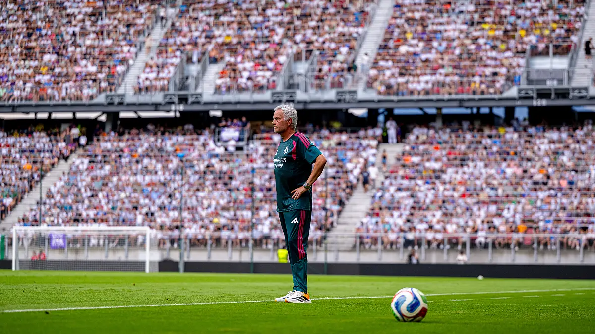 KLAGENFURT, AUSTRIA - AUGUST 01: Jose Mourinho, head coach of Real Madrid, looks on during the pre-season friendly match between Real Madrid and Fiorentina at Woerthersee Stadion on August 01, 2026 in Klagenfurt, Austria. (Photo by Christian Bruna/Getty Images)