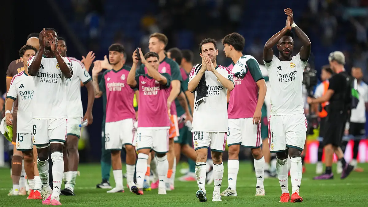 BARCELONA, SPAIN - AUGUST 22: Vinicius Junior and Bernardo Silva of Real Madrid celebrate after the LaLiga EA Sports 2026/27 match between RCD Espanyol de Barcelona and Real Madrid at RCDE Stadium on August 22, 2026 in Barcelona, Spain. (Photo by Alex Caparros/Getty Images)