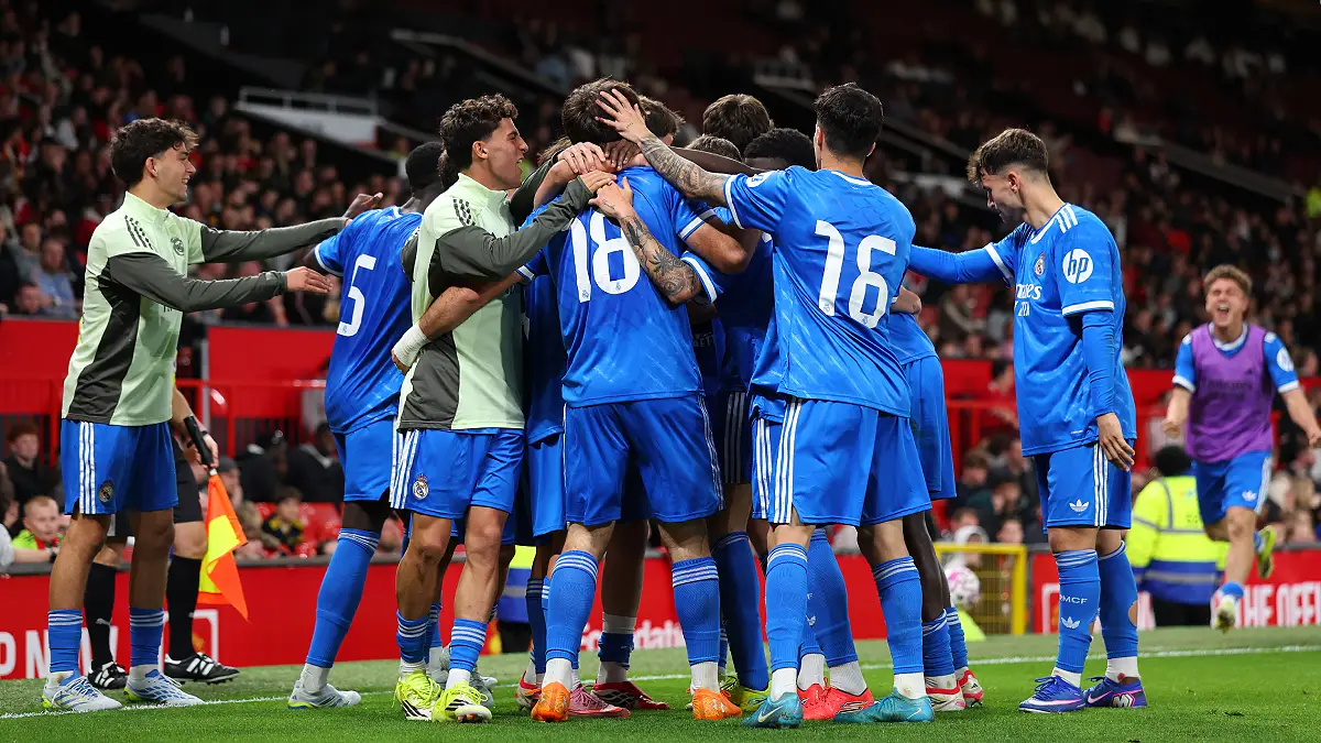 MANCHESTER, ENGLAND - APRIL 07: Jaime Barroso of Real Madrid Castilla celebrates scoring his team's fourth goal during the Premier League International Cup Quarter Final match between Manchester United U21 v Real Madrid U21 at Old Trafford on April 07, 2026 in Manchester, England. (Photo by Molly Darlington/Getty Images)