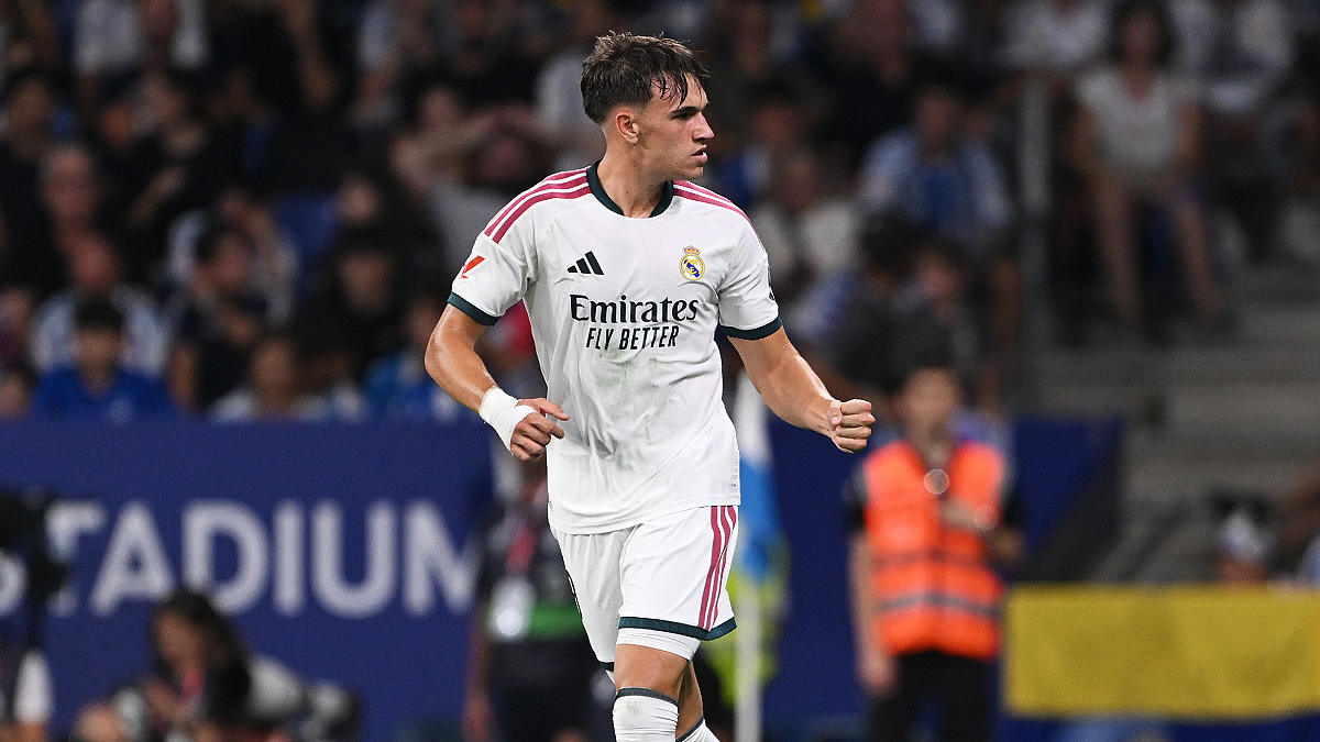 BARCELONA, SPAIN - AUGUST 22: Carlos Espi of Real Madrid celebrates scoring his team’s second goal during the LaLiga EA Sports 2026/27 match between RCD Espanyol de Barcelona and Real Madrid at RCDE Stadium on August 22, 2026 in Barcelona, Spain. (Photo by David Ramos/Getty Images)