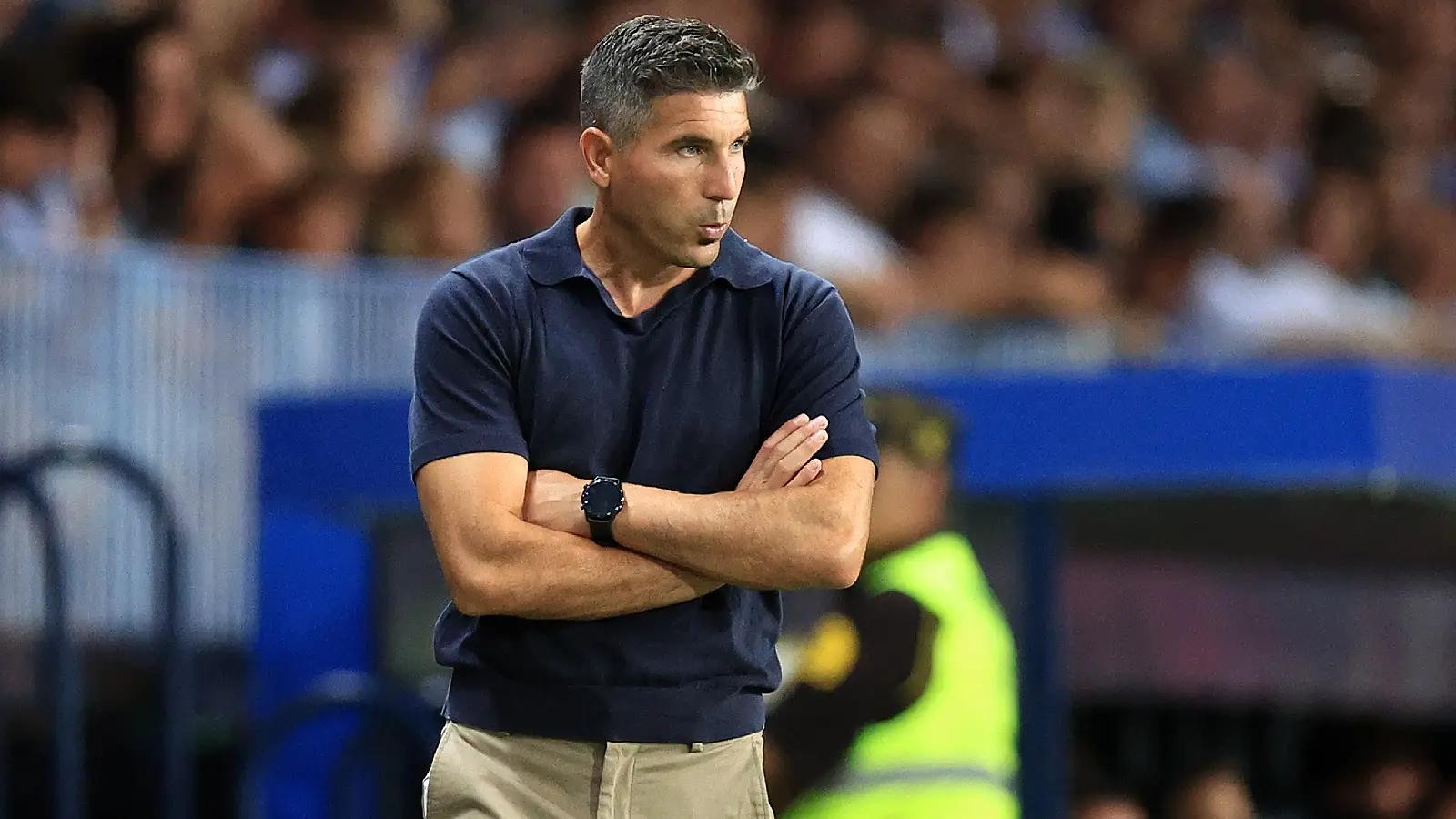 MALAGA, SPAIN - AUGUST 24: Juan Francisco Funes, Head Coach of Malaga looks on during the LaLiga EA Sports 2026/27 match between Malaga CF and RC Deportivo de A Coruna at Estadio La Rosaleda on August 24, 2026 in Malaga, Spain. (Photo by Fran Santiago/Getty Images)
