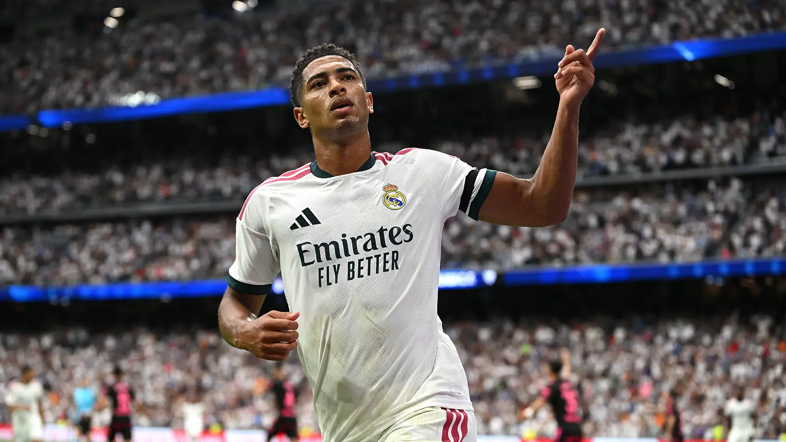 MADRID, SPAIN - AUGUST 30: Jude Bellingham of Real Madrid celebrates scoring his team’s first goal during the LaLiga EA Sports 2026/27 match between Real Madrid and Malaga CF at Estadio Santiago Bernabeu on August 30, 2026 in Madrid, Spain. (Photo by Denis Doyle/Getty Images)