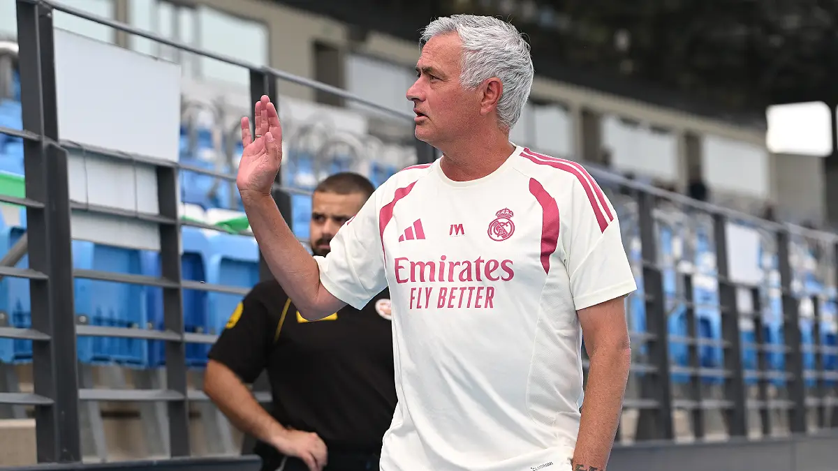 MADRID, SPAIN - JULY 28: Jose Mourinho, Head Coach of Real Madrid waves to members of the press prior to a friendly match between Real Madrid CF and CD Leganes at Estadio Alfredo di Stéfano in Ciudad Real Madrid on July 28, 2026 in Madrid, Spain. (Photo by Denis Doyle/Getty Images)