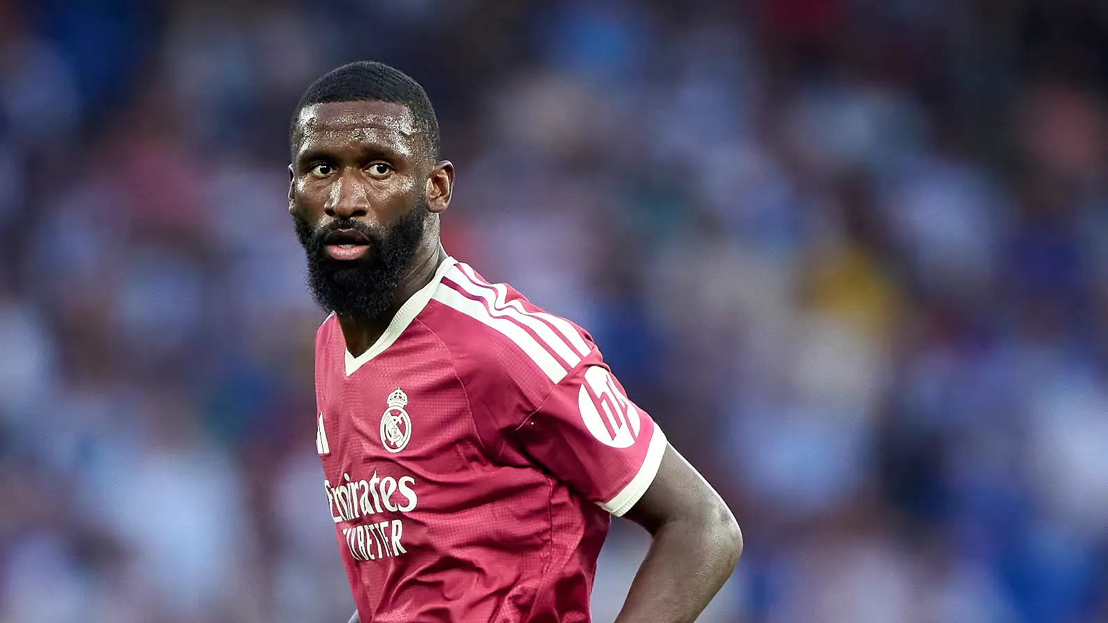 A CORUNA, SPAIN - AUGUST 12: Antonio Rudiger of Real Madrid CF looks on during the Trofeo Teresa Herrera match between RC Deportivo A Coruna and Real Madrid at Riazor Stadium on August 12, 2026 in A Coruna, Spain. (Photo by Jose Manuel Alvarez Rey/Getty Images)