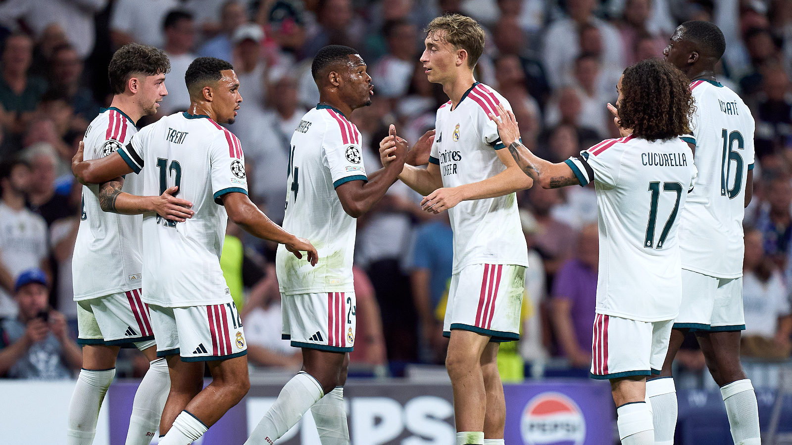 MADRID, SPAIN - SEPTEMBER 08: Federico Valverde of Real Madrid celebrates scoring his team’s second goal with teammates during the UEFA Champions League 2026/27 League Phase MD1 match between Real Madrid C.F. and FC Internazionale Milano at Estadio Santiago Bernabeu on September 08, 2026 in Madrid, Spain. (Photo by Angel Martinez/Getty Images)