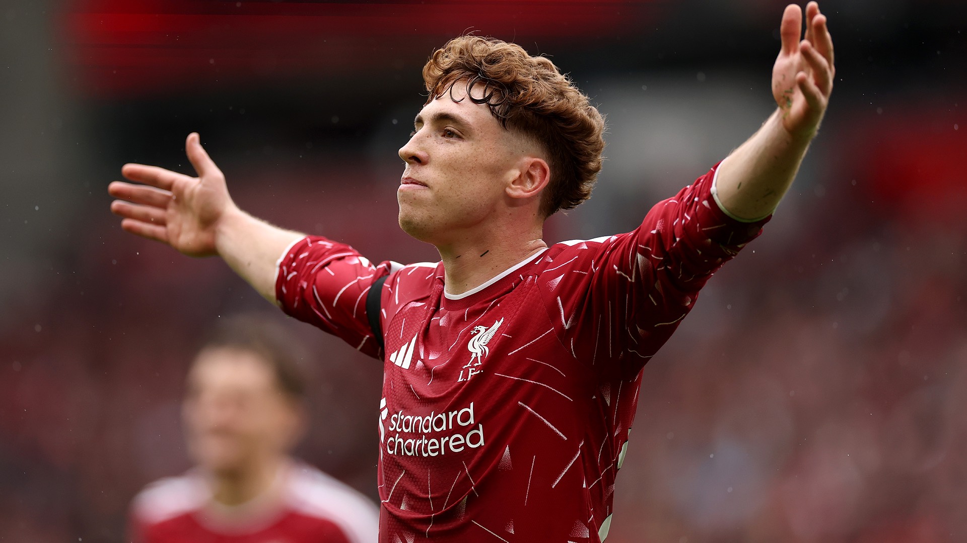 LIVERPOOL, ENGLAND - AUGUST 29: Victor Munoz of Liverpool celebrates scoring his team’s second goal during the Premier League 2026/27 match between Liverpool FC and Nottingham Forest FC at Anfield on August 29, 2026 in Liverpool, England. (Photo by Jan Kruger/Getty Images)