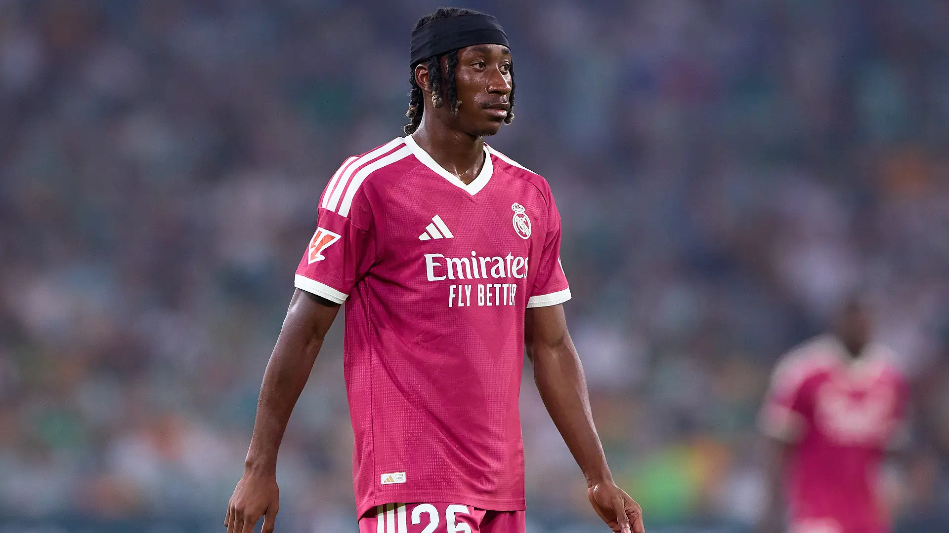 SEVILLE, SPAIN - SEPTEMBER 04: Yan Diomande of Real Madrid looks on during the LaLiga EA Sports 2026/27 match between Real Betis Balompie and Real Madrid at Estadio La Cartuja on September 04, 2026 in Seville, Spain. (Photo by Fran Santiago/Getty Images)