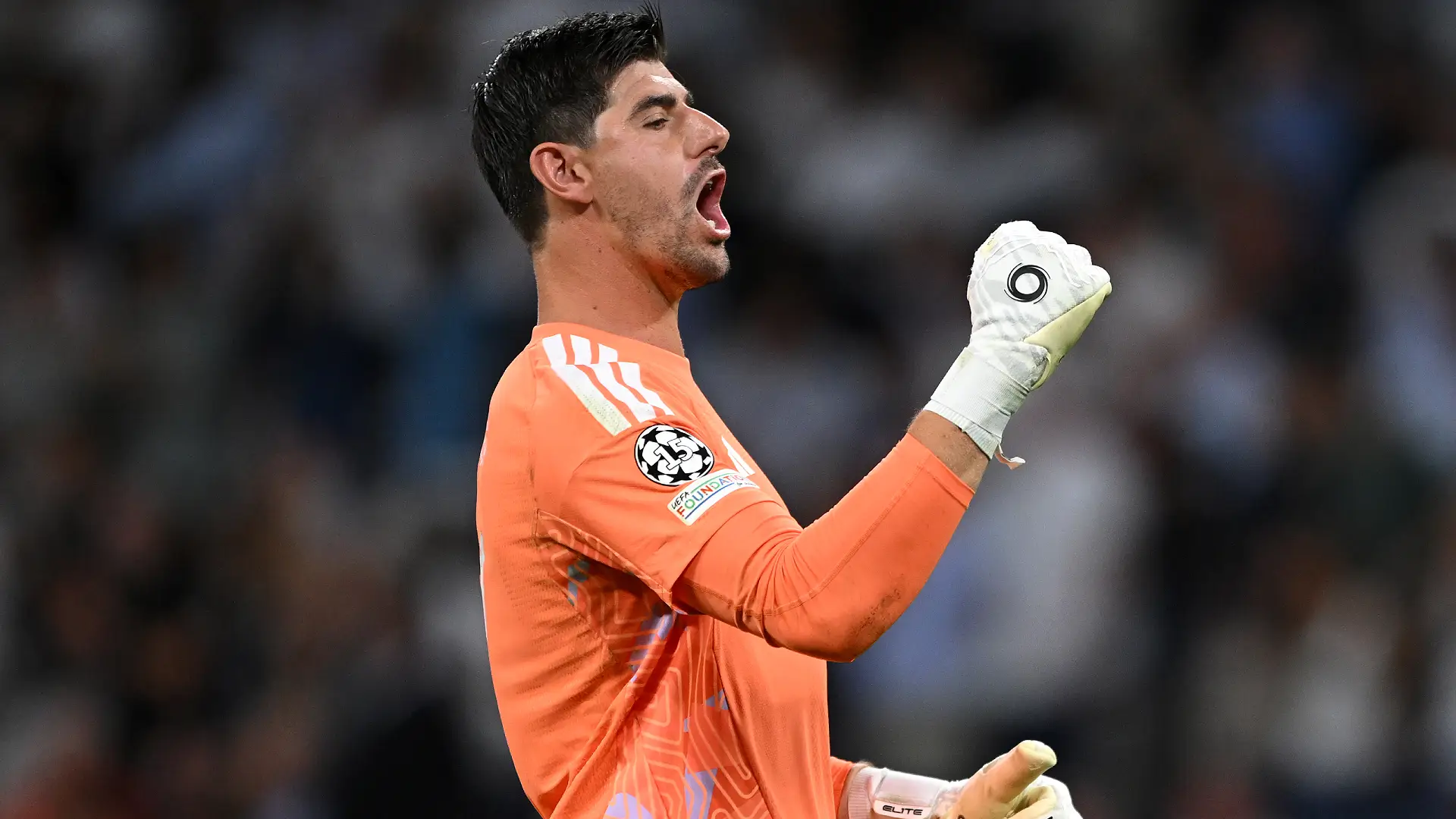 MADRID, SPAIN - SEPTEMBER 08: Thibaut Courtois of Real Madrid celebrates after teammate Federico Valverde (not pictured) scores his team’s second goal during the UEFA Champions League 2026/27 League Phase MD1 match between Real Madrid C.F. and FC Internazionale Milano at Estadio Santiago Bernabeu on September 08, 2026 in Madrid, Spain. (Photo by Denis Doyle/Getty Images)