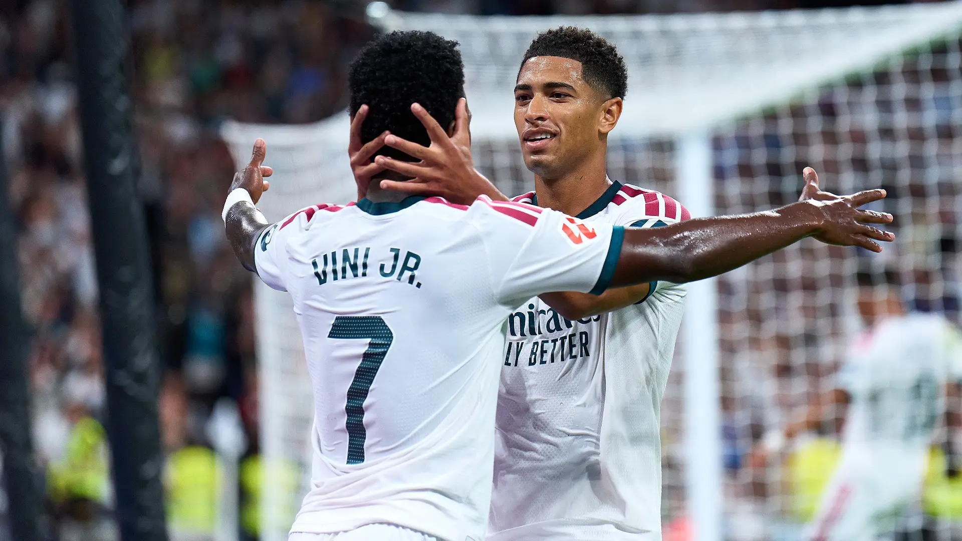 MADRID, SPAIN - SEPTEMBER 12: Jude Bellingham of Real Madrid celebrates after scoring his team's third goal with Vinicius Junior during the LaLiga EA Sports 2026/27 match between Real Madrid and Rayo Vallecano de Madrid at Estadio Santiago Bernabeu on September 12, 2026 in Madrid, Spain. (Photo by Angel Martinez/Getty Images)