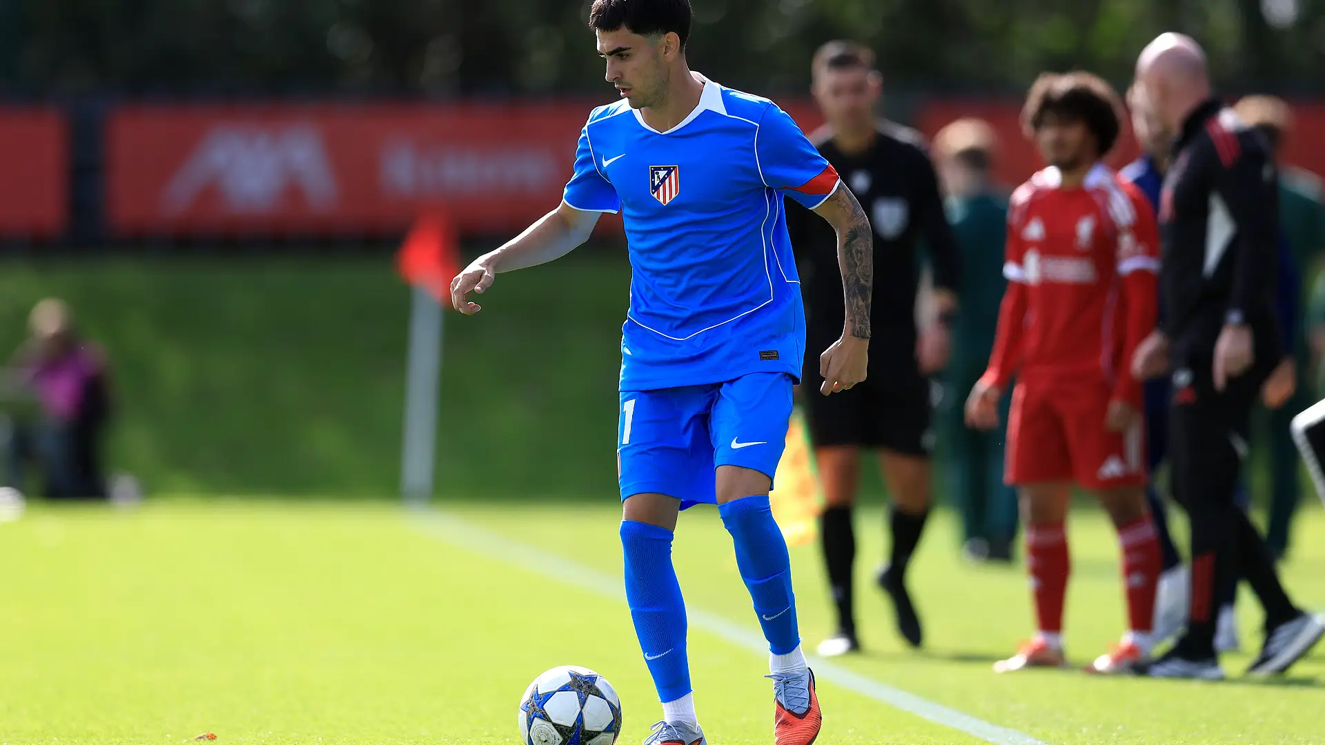 KIRKBY, ENGLAND - SEPTEMBER 17: Jorge Rajado of Atletico de Madrid runs with the ball during the UEFA Youth League match between Liverpool FC and Atletico de Madrid at Liverpool FC Academy on September 17, 2025 in Kirkby, England. (Photo by Jess Hornby/Getty Images)