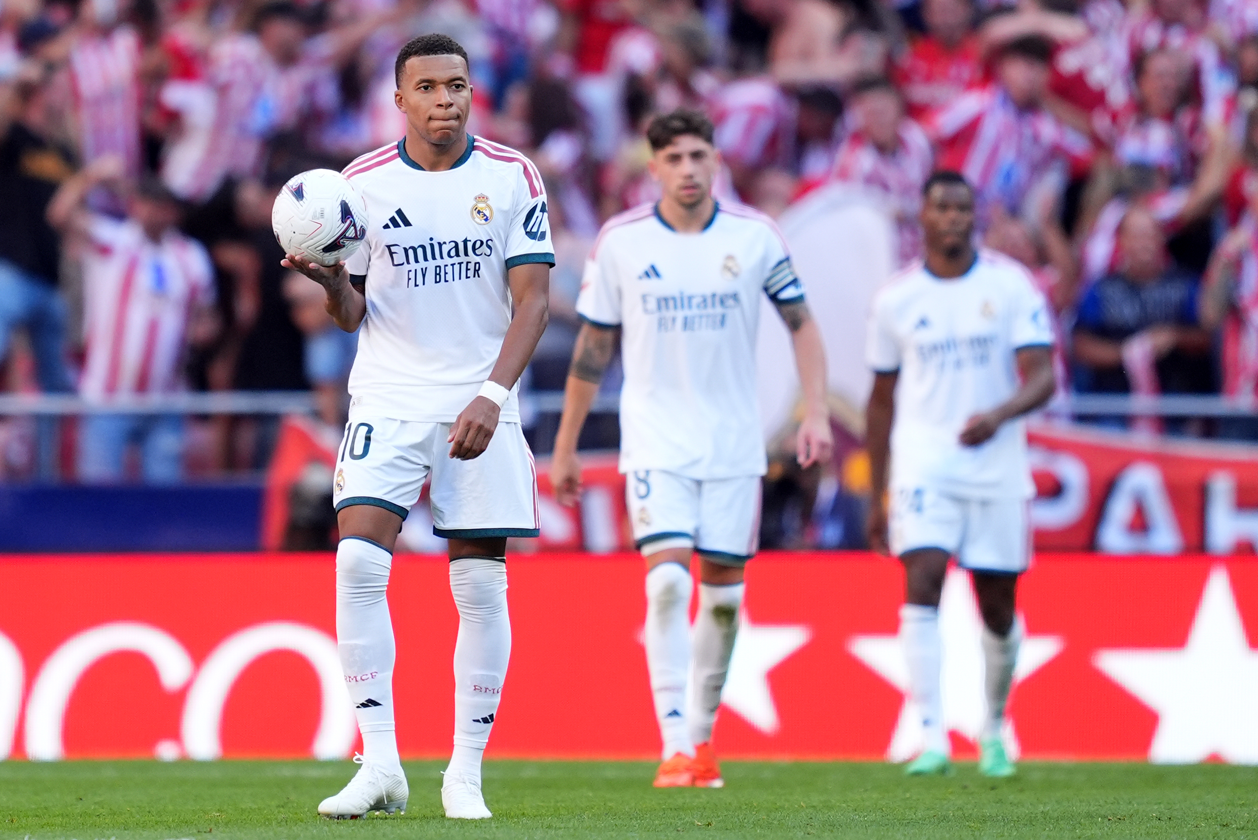 MADRID, SPAIN - SEPTEMBER 20: Kylian Mbappe of Real Madrid reacts after Alex Grimaldo of Atletico Madrid (not pictured) scores his team’s first goal during the LaLiga EA Sports 2026/27 match between Atletico de Madrid and Real Madrid at Riyadh Air Metropolitano on September 20, 2026 in Madrid, Spain. (Photo by Mateo Villalba Sanchez/Getty Images)