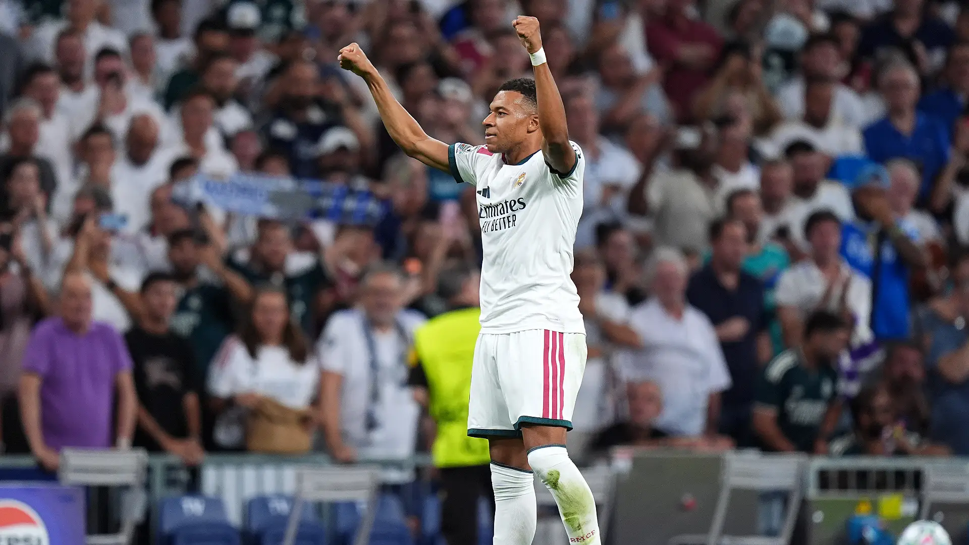 MADRID, SPAIN - SEPTEMBER 08: Kylian Mbappe of Real Madrid celebrates scoring his team’s first goal during the UEFA Champions League 2026/27 League Phase MD1 match between Real Madrid C.F. and FC Internazionale Milano at Estadio Santiago Bernabeu on September 08, 2026 in Madrid, Spain. (Photo by Angel Martinez/Getty Images)