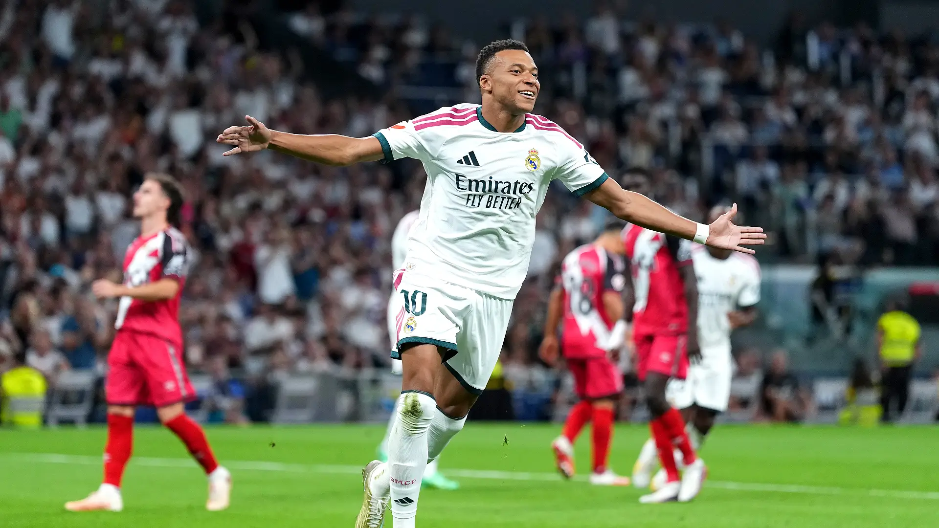 MADRID, SPAIN - SEPTEMBER 12: Kylian Mbappe of Real Madrid celebrates scoring his team’s first goal from penalty spot during the LaLiga EA Sports 2026/27 match between Real Madrid and Rayo Vallecano de Madrid at Estadio Santiago Bernabeu on September 12, 2026 in Madrid, Spain. (Photo by Angel Martinez/Getty Images)
