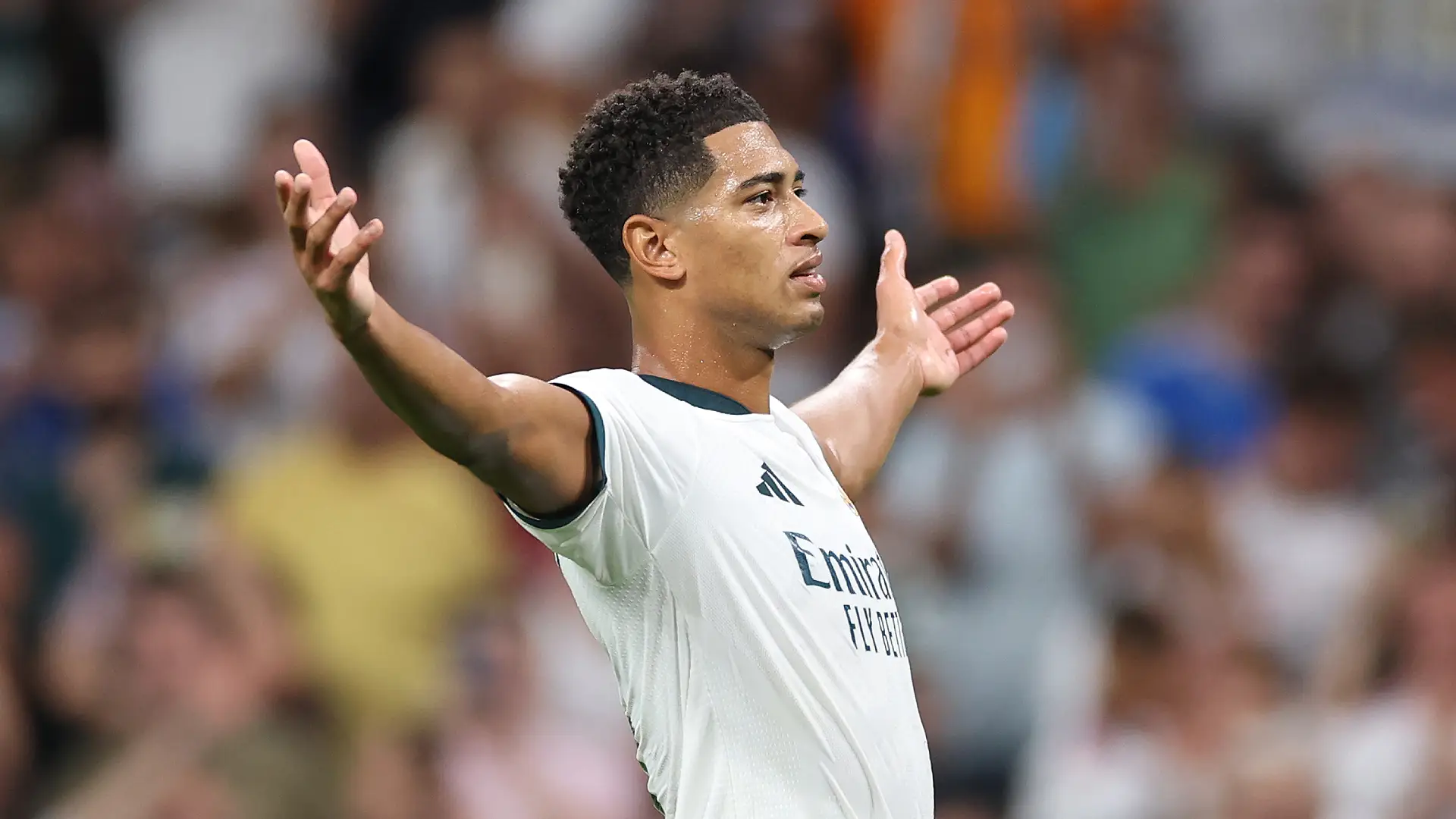 MADRID, SPAIN - SEPTEMBER 12: Jude Bellingham of Real Madrid celebrates scoring his team’s third goal during the LaLiga EA Sports 2026/27 match between Real Madrid and Rayo Vallecano de Madrid at Estadio Santiago Bernabeu on September 12, 2026 in Madrid, Spain. (Photo by Florencia Tan Jun/Getty Images)