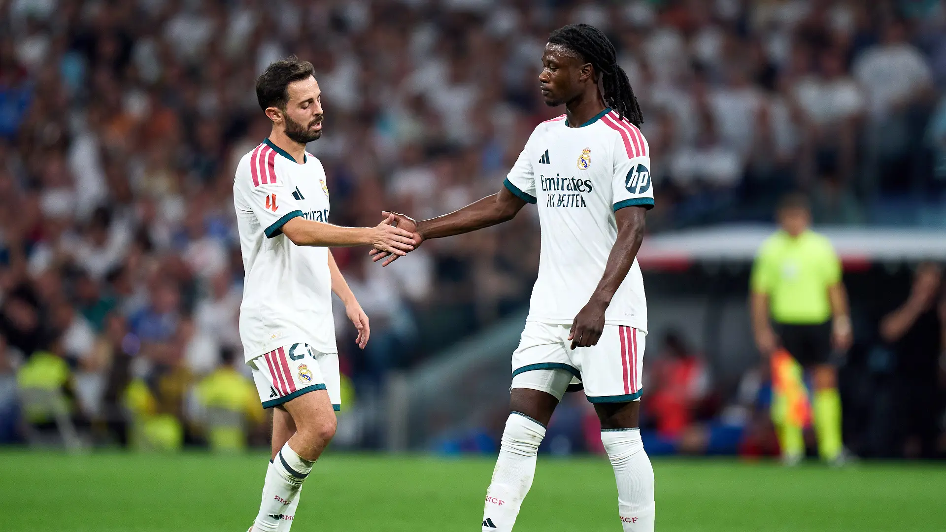 MADRID, SPAIN - SEPTEMBER 12: Bernardo Silva and Eduardo Camavinga of Real Madrid interact during the LaLiga EA Sports 2026/27 match between Real Madrid and Rayo Vallecano de Madrid at Estadio Santiago Bernabeu on September 12, 2026 in Madrid, Spain. (Photo by Angel Martinez/Getty Images)