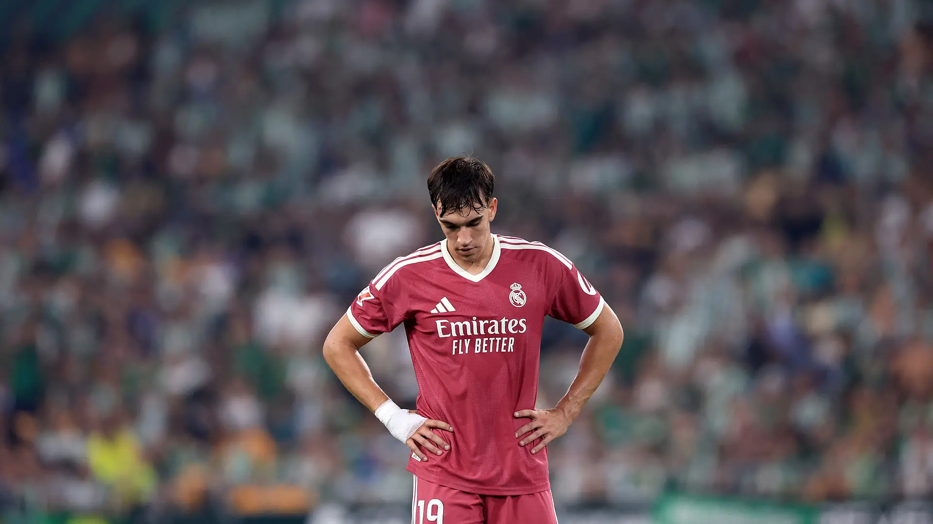 SEVILLE, SPAIN - SEPTEMBER 04: Carlos Espi of Real Madrid reacts after his goal was disallowed for offside during the LaLiga EA Sports 2026/27 match between Real Betis Balompie and Real Madrid at Estadio La Cartuja on September 04, 2026 in Seville, Spain. (Photo by Fran Santiago/Getty Images)