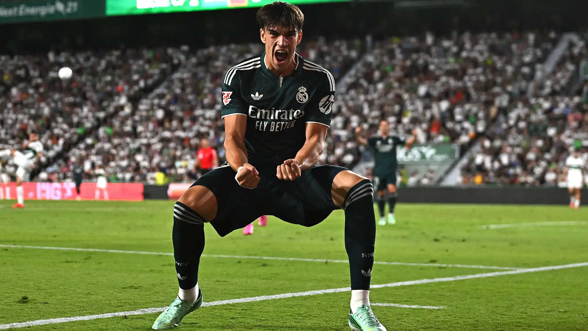 ELCHE, SPAIN - SEPTEMBER 15: Carlos Espi of Real Madrid celebrates scoring his team’s third goal during the LaLiga EA Sports 2026/27 match between Elche CF and Real Madrid at Estadio Manuel Martinez Valero on September 15, 2026 in Elche, Spain. (Photo by Francisco Macia/Getty Images)