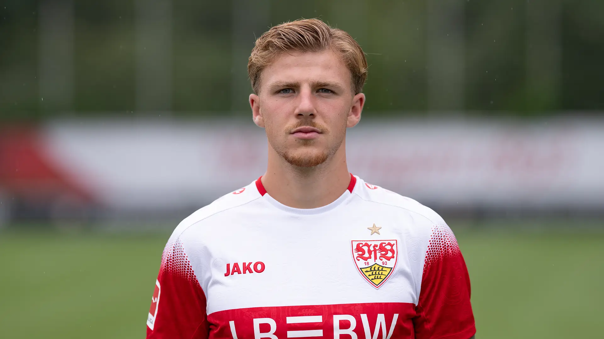 STUTTGART, GERMANY - AUGUST 18: Finn Jeltsch of VfB Stuttgart poses during the team presentation for the 2026/27 season at training ground of VfB Stuttgart on August 18, 2026 in Stuttgart, Germany. (Photo by Christian Kaspar-Bartke/Getty Images)