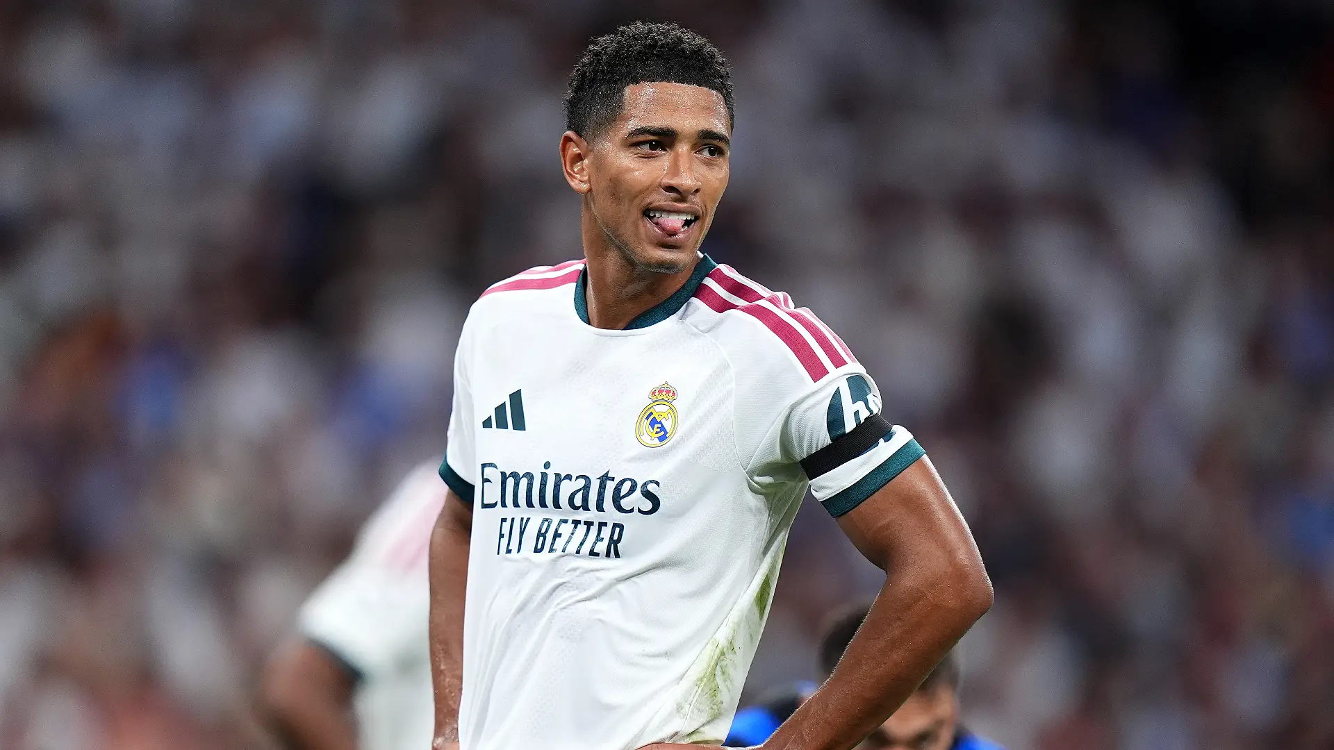 MADRID, SPAIN - SEPTEMBER 08: Jude Bellingham of Real Madrid looks on during the UEFA Champions League 2026/27 League Phase MD1 match between Real Madrid C.F. and FC Internazionale Milano at Estadio Santiago Bernabeu on September 08, 2026 in Madrid, Spain. (Photo by Angel Martinez/Getty Images)