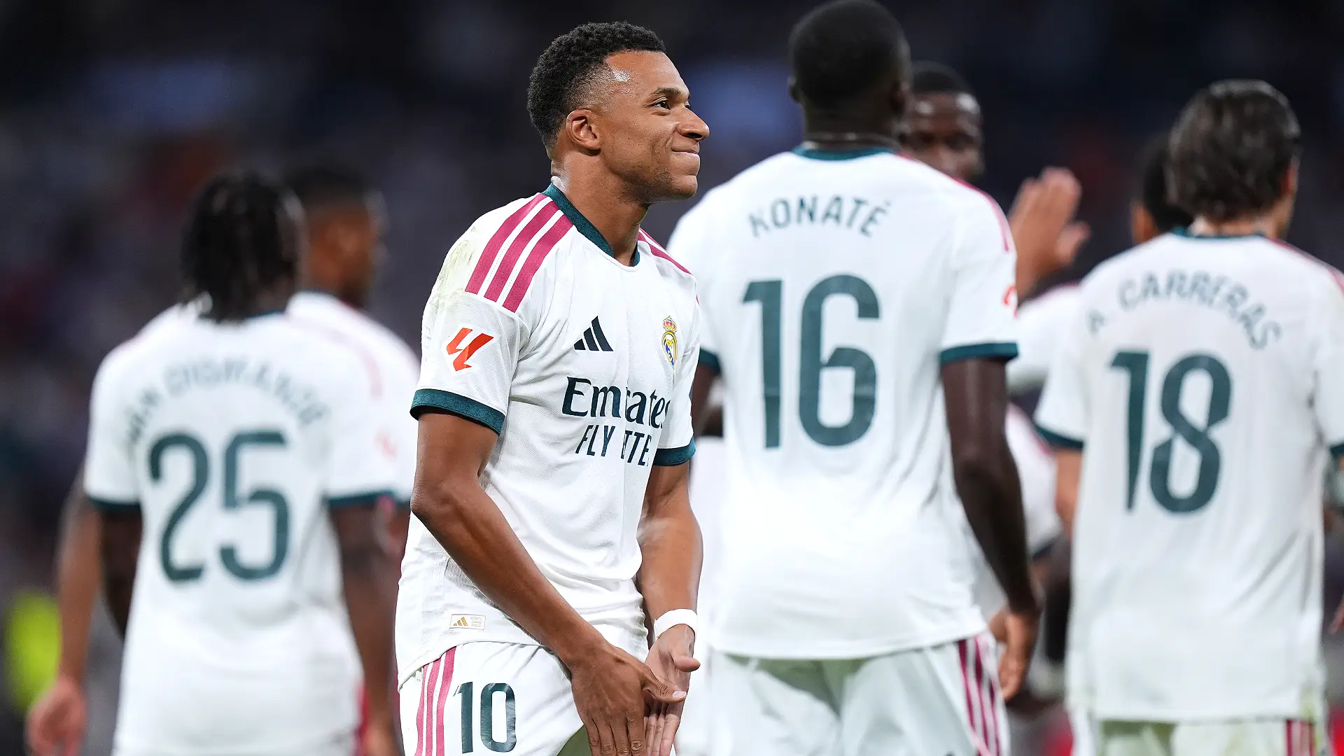 MADRID, SPAIN - SEPTEMBER 12: Kylian Mbappe of Real Madrid celebrates scoring his team’s first goal from the penalty spot during the LaLiga EA Sports 2026/27 match between Real Madrid and Rayo Vallecano de Madrid at Estadio Santiago Bernabeu on September 12, 2026 in Madrid, Spain. (Photo by Angel Martinez/Getty Images)