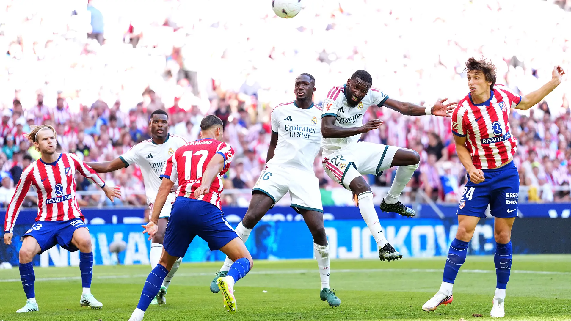 MADRID, SPAIN - SEPTEMBER 20: Antonio Rudiger of Real Madrid scores his team’s first goal during the LaLiga EA Sports 2026/27 match between Atletico de Madrid and Real Madrid at Riyadh Air Metropolitano on September 20, 2026 in Madrid, Spain. (Photo by Mateo Villalba Sanchez/Getty Images)
