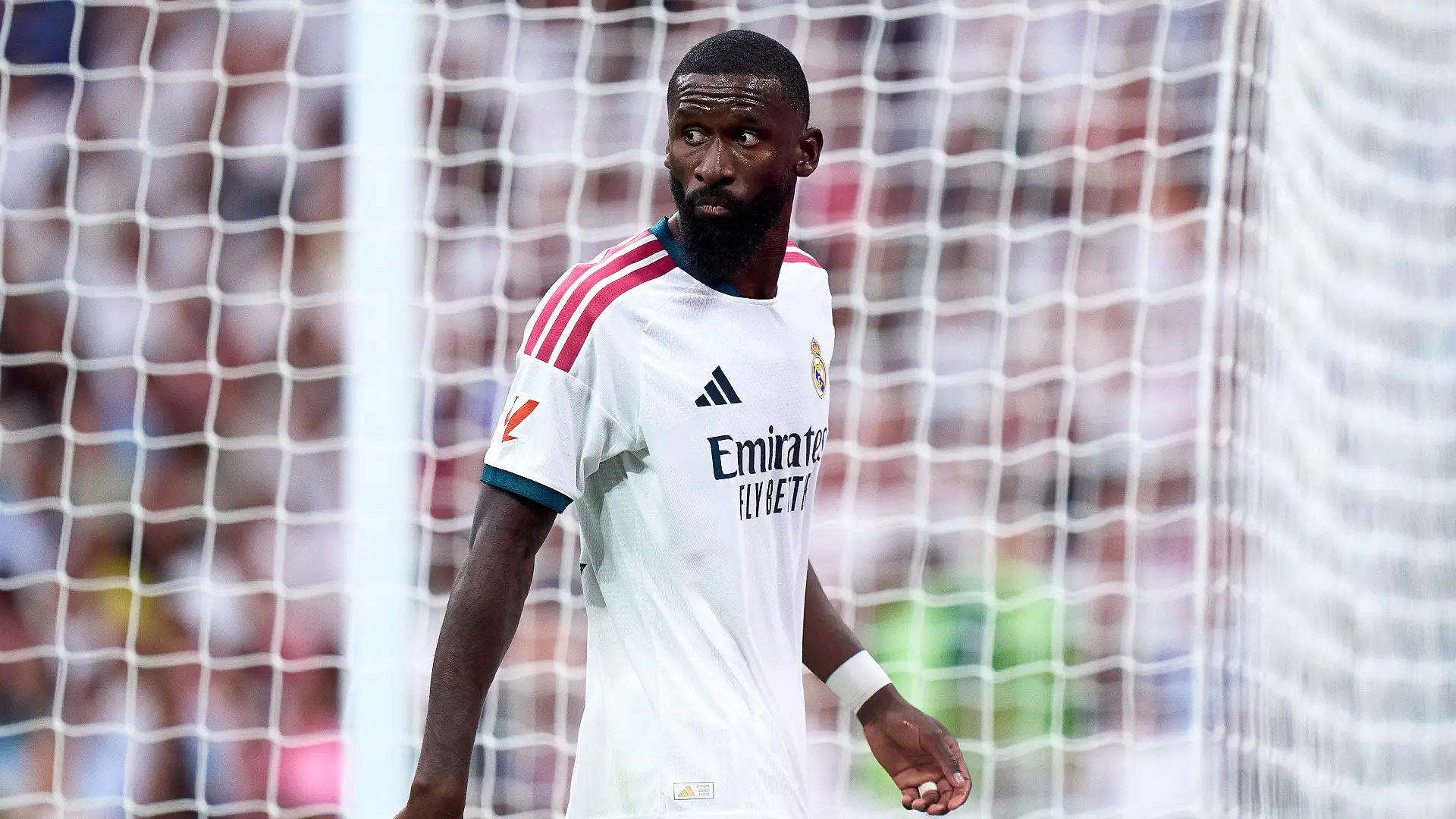 MADRID, SPAIN - AUGUST 30: Antonio Rudiger of Real Madrid looks on during the LaLiga EA Sports 2026/27 match between Real Madrid and Malaga CF at Estadio Santiago Bernabeu on August 30, 2026 in Madrid, Spain. (Photo by Angel Martinez/Getty Images)