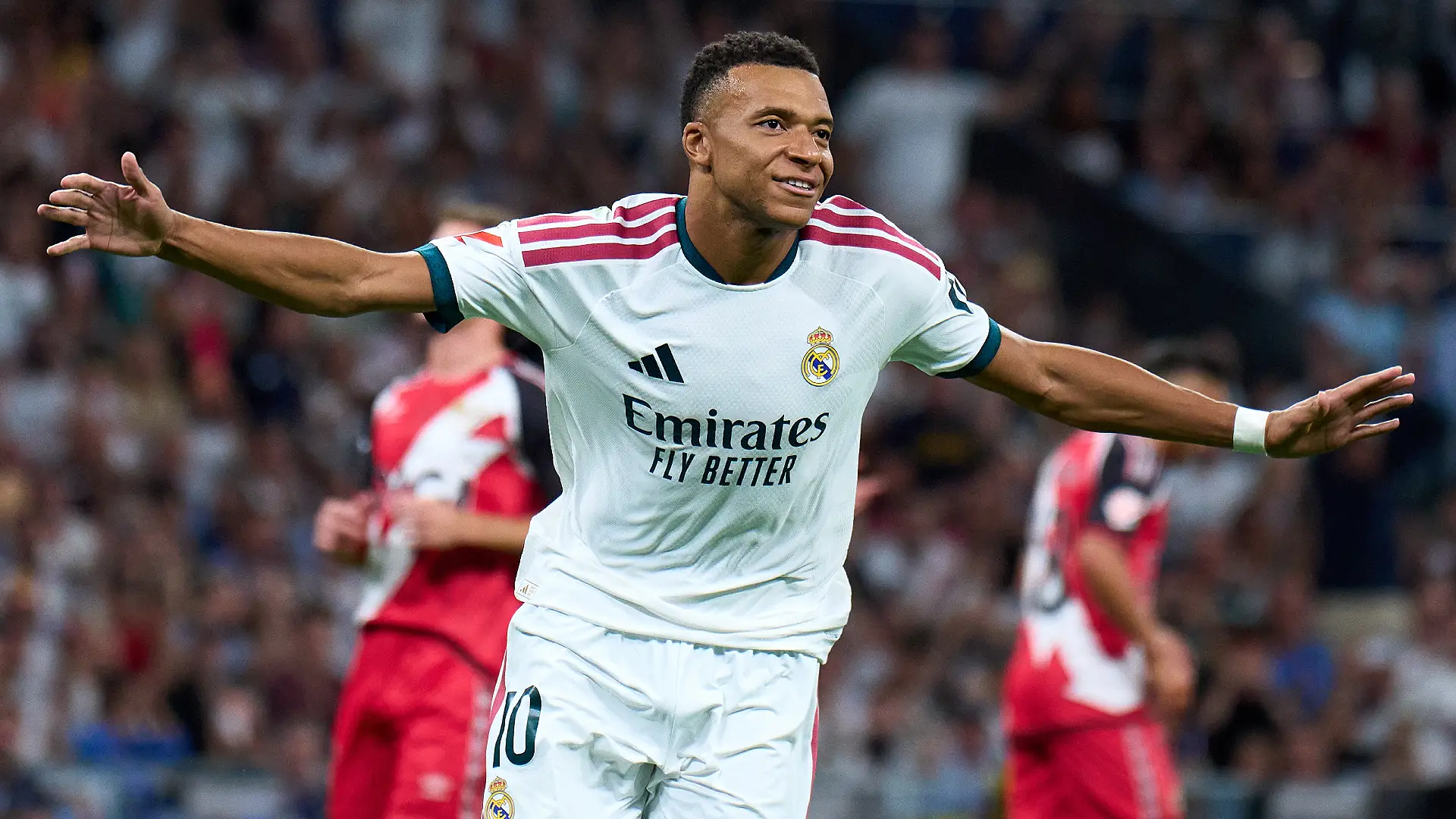 MADRID, SPAIN - SEPTEMBER 12: Kylian Mbappe of Real Madrid celebrates after scoring his team's fist goal during the LaLiga EA Sports 2026/27 match between Real Madrid and Rayo Vallecano de Madrid at Estadio Santiago Bernabeu on September 12, 2026 in Madrid, Spain. (Photo by Angel Martinez/Getty Images)