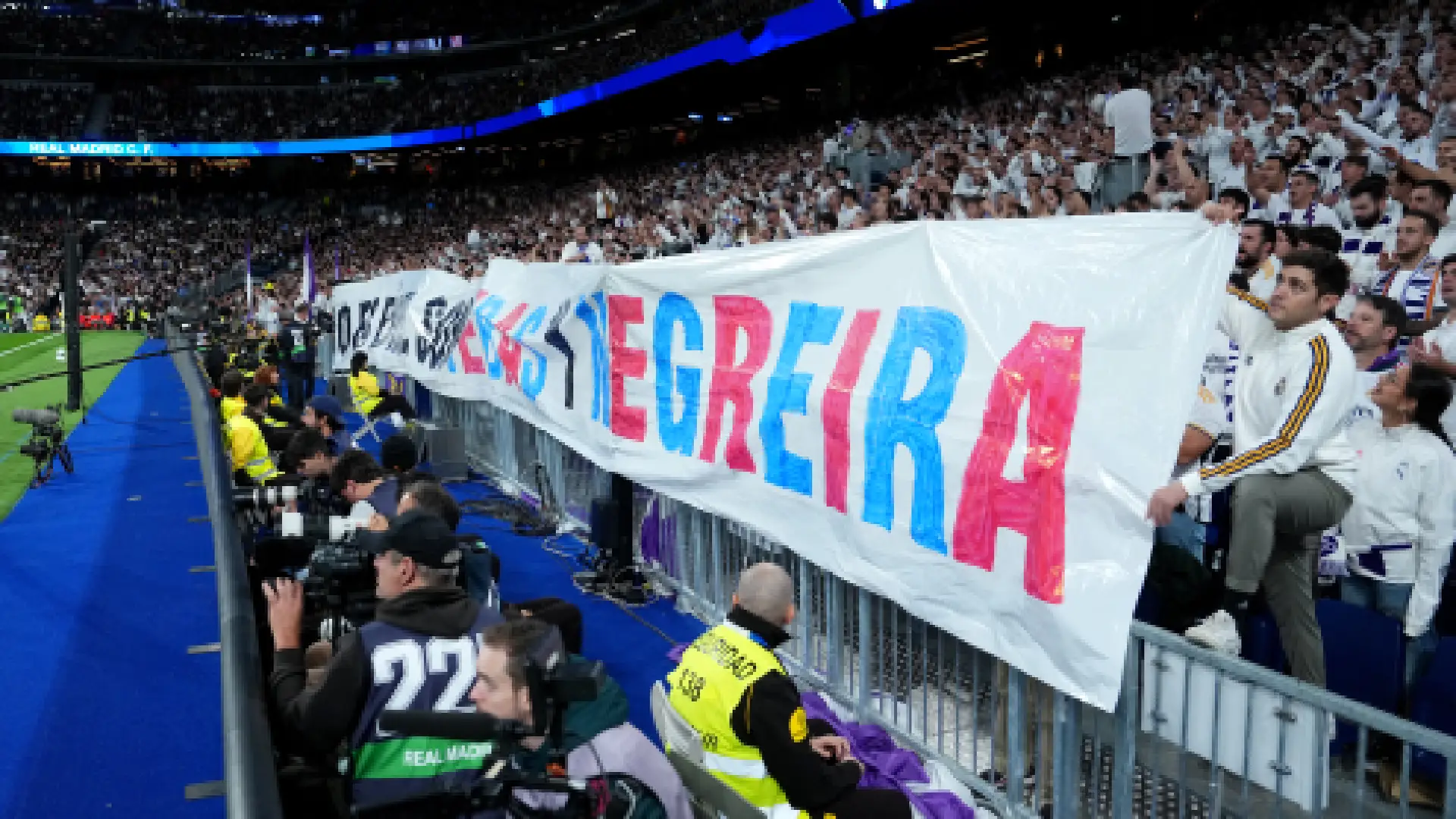 MADRID, SPAIN - OCTOBER 18: Fans of Real Madrid hold up a banner against Referees, the Federation and LaLiga during the LaLiga EA Sports 2026/27 match between Real Madrid and Sevilla FC at Estadio Santiago Bernabeu on October 18, 2026 in Madrid, Spain. (Photo by Angel Martinez/Getty Images)
