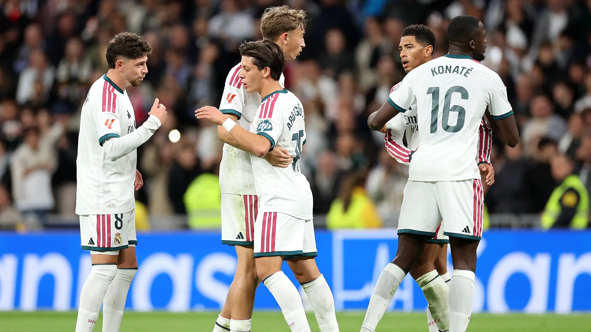 MADRID, SPAIN - OCTOBER 18: Arda Guler of Real Madrid celebrates scoring his team’s first goal with teammates during the LaLiga EA Sports 2026/27 match between Real Madrid and Sevilla FC at Estadio Santiago Bernabeu on October 18, 2026 in Madrid, Spain. (Photo by Florencia Tan Jun/Getty Images)