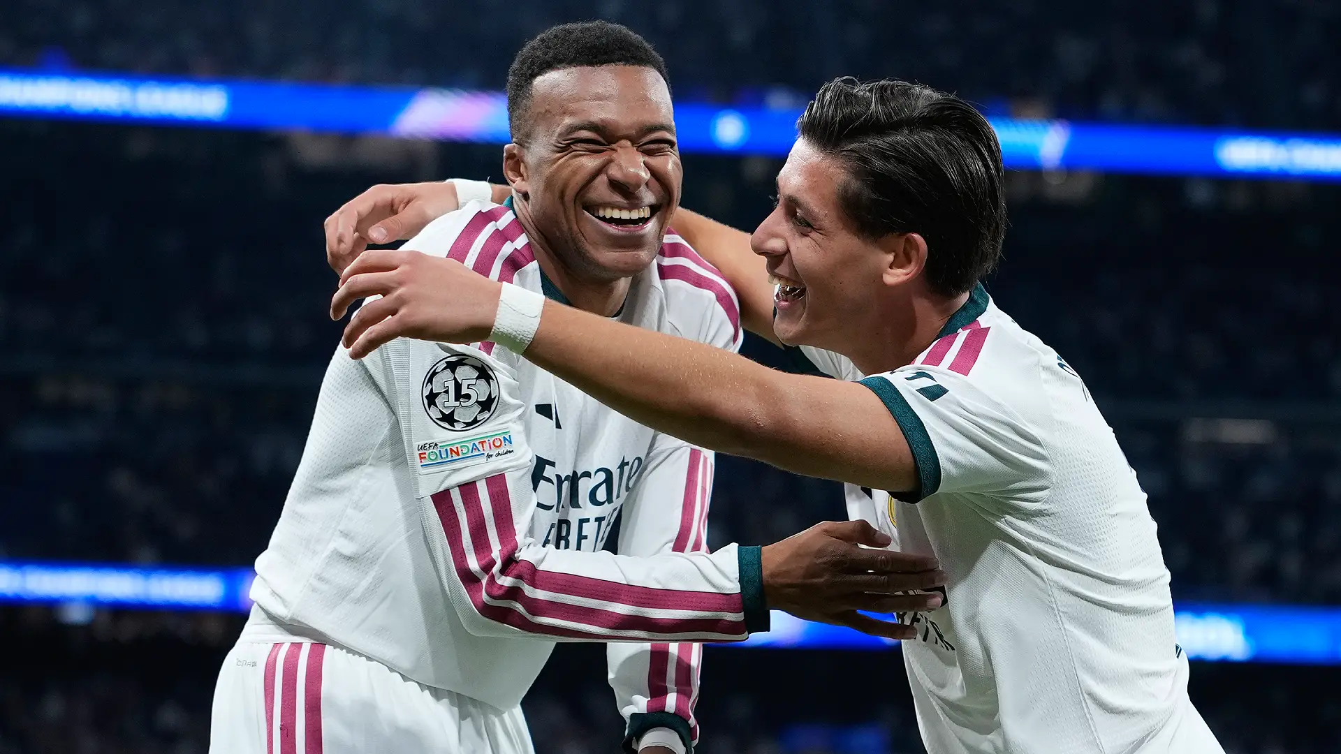 MADRID, SPAIN - OCTOBER 21: Arda Guler of Real Madrid celebrates scoring his team’s second goal with Kylian Mbappe during the UEFA Champions League 2026/27 League Phase MD3 match between Real Madrid C.F. and RB Leipzig at Estadio Santiago Bernabeu on October 21, 2026 in Madrid, Spain. (Photo by Diego Souto/Getty Images)