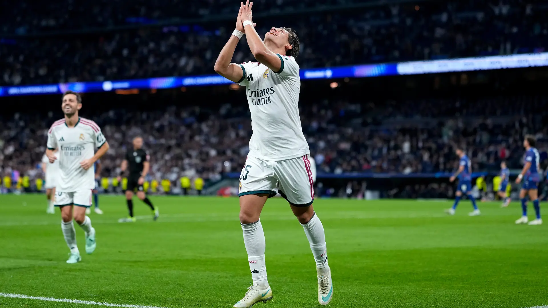 MADRID, SPAIN - OCTOBER 21: Arda Guler of Real Madrid celebrates scoring his team’s second goal during the UEFA Champions League 2026/27 League Phase MD3 match between Real Madrid C.F. and RB Leipzig at Estadio Santiago Bernabeu on October 21, 2026 in Madrid, Spain. (Photo by Diego Souto/Getty Images)