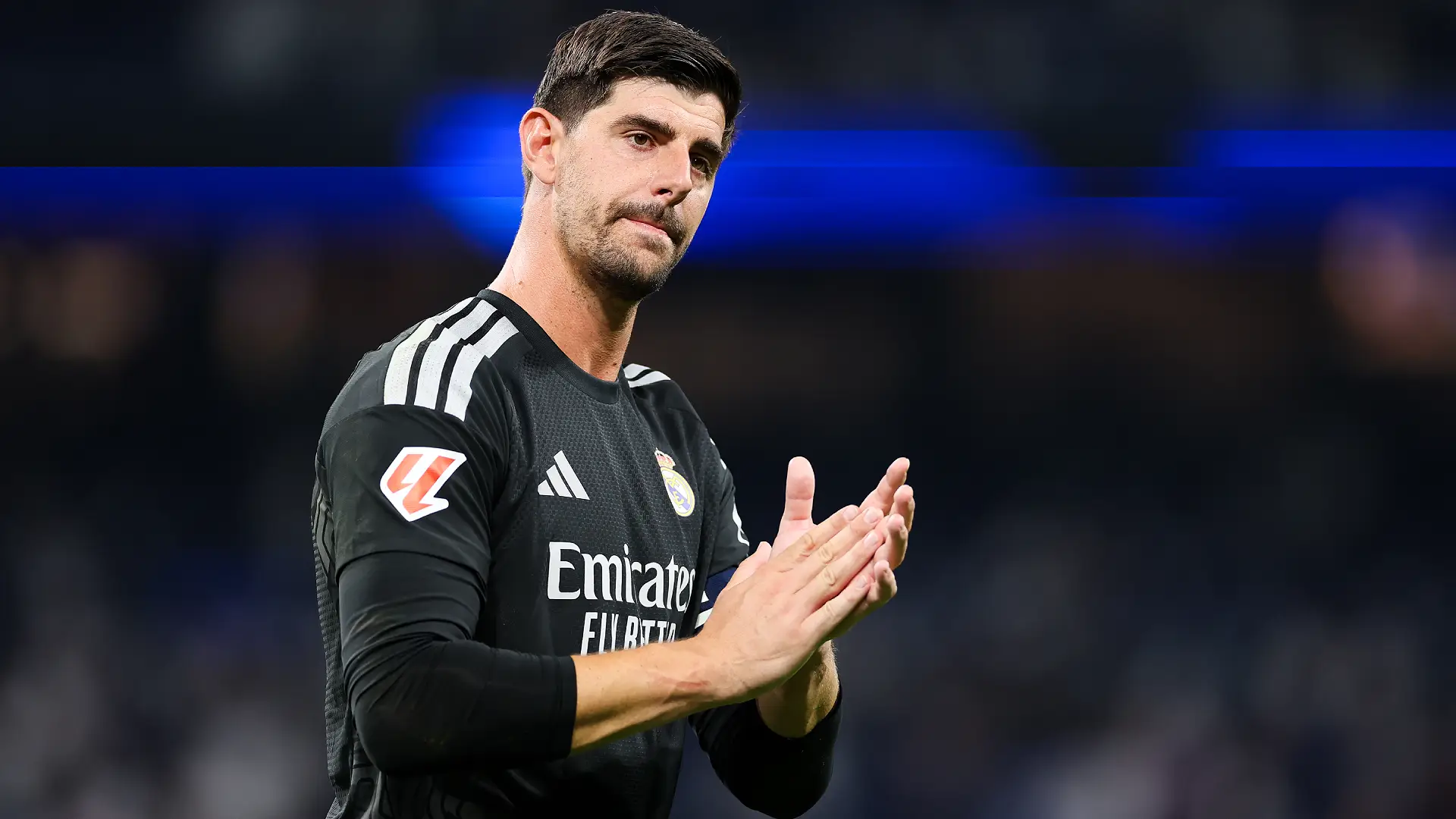 MADRID, SPAIN - SEPTEMBER 12: Thibaut Courtois of Real Madrid acknowledges the fan after the LaLiga EA Sports 2026/27 match between Real Madrid and Rayo Vallecano de Madrid at Estadio Santiago Bernabeu on September 12, 2026 in Madrid, Spain. (Photo by Florencia Tan Jun/Getty Images)