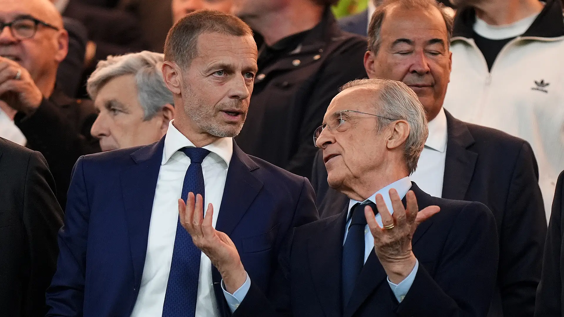 MADRID, SPAIN - APRIL 07: Aleksander Ceferin, President of UEFA, and Florentino Perez, President of Real Madrid, are seen in attendance prior to the UEFA Champions League 2025/26 Quarter-Final First Leg match between Real Madrid CF and FC Bayern München at Estadio Santiago Bernabeu on April 07, 2026 in Madrid, Spain. (Photo by Angel Martinez/Getty Images)