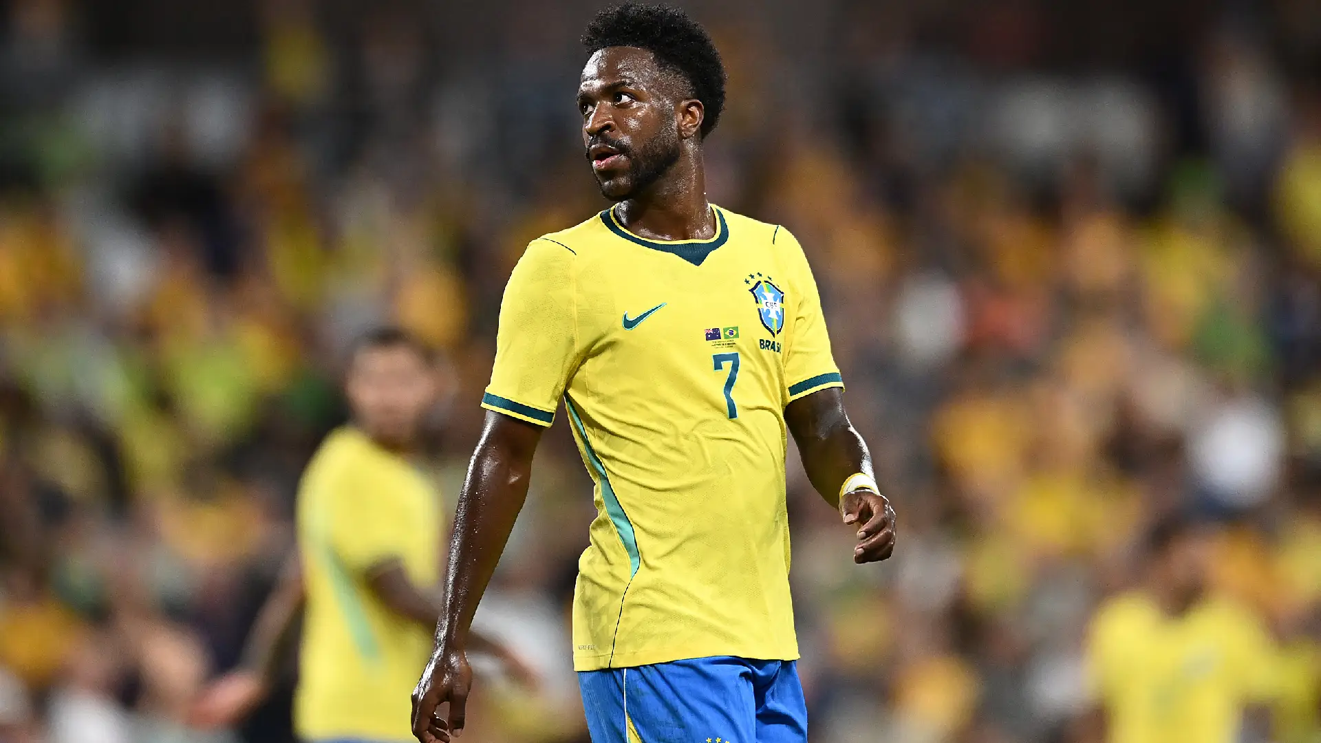 TOWNSVILLE, AUSTRALIA - SEPTEMBER 25: Vinicius Jr of Brazil looks on during the International Friendly match between Australia Socceroos and Brazil at Queensland Country Bank Stadium on September 25, 2026 in Townsville, Australia. (Photo by Albert Perez/Getty Images)