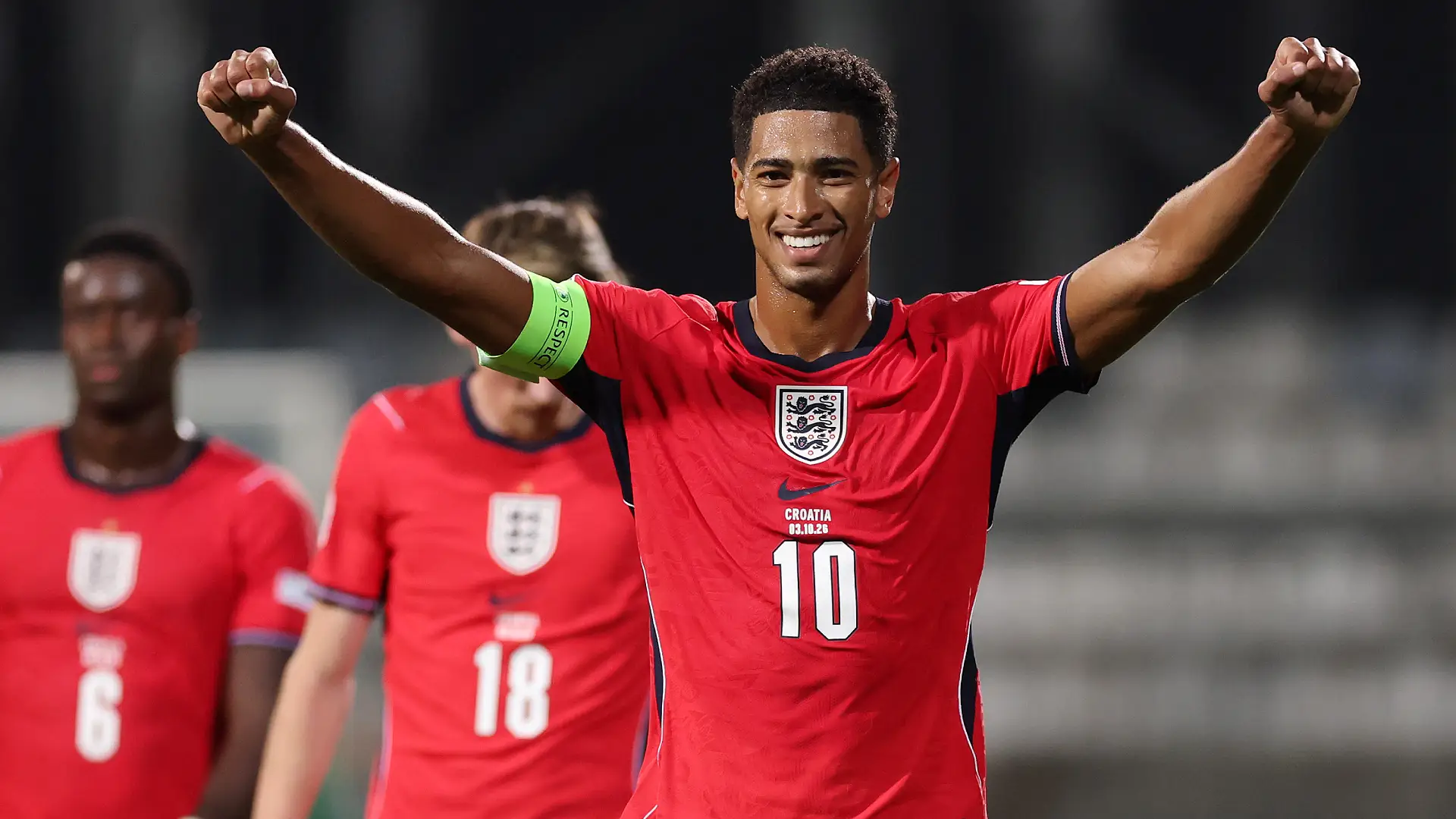 RIJEKA, CROATIA - OCTOBER 03: Jude Bellingham of England celebrates after team mate Morgan Rogers (not pictured) scores his team’s seventh goal during the UEFA Nations League 2026/27 group phase match between Croatia and England at Stadion HNK Rijeka on October 03, 2026 in Rijeka, Croatia. (Photo by Carl Recine/Getty Images) RIJEKA, CROATIA - OCTOBER 03: Jude Bellingham of England celebrates after team mate Morgan Rogers (not pictured) scores his team’s seventh goal during the UEFA Nations League 2026/27 group phase match between Croatia and England at Stadion HNK Rijeka on October 03, 2026 in Rijeka, Croatia. (Photo by Carl Recine/Getty Images)