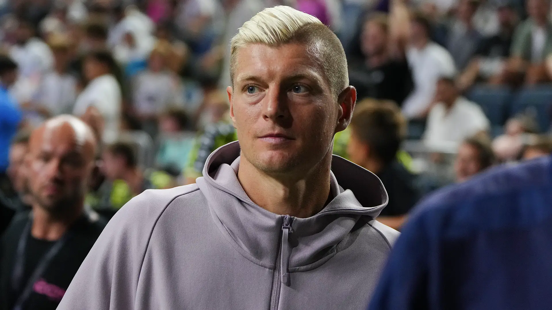 COLOGNE, GERMANY - SEPTEMBER 01: Toni Kroos, German former football player, looks on during the first matchday of the Icon League at Lanxess Arena on September 01, 2024 in Cologne, Germany. The Icon League, was founded in November last year. The aim of the small-sided indoor soccer league is to maximise the highlights of the game and create an innovative football spectacle. (Photo by Pau Barrena/Getty Images)