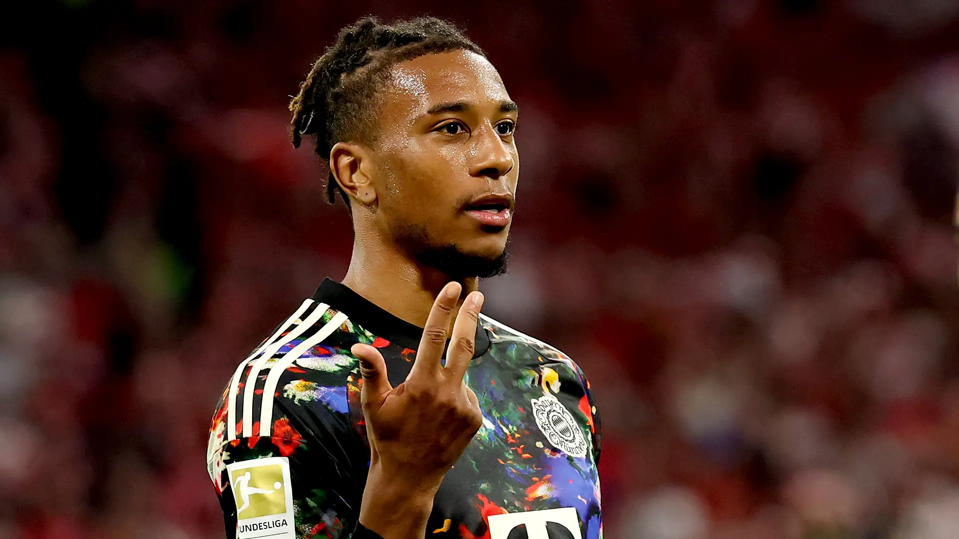 MUNICH, GERMANY - SEPTEMBER 18: Michael Olise of FC Bayern Munich celebrates scoring his team’s seventh goal and his hat-trick during the Bundesliga 2026/27 match between FC Bayern München and 1. FC Union Berlin at Allianz Arena on September 18, 2026 in Munich, Germany. (Photo by Alexander Hassenstein/Getty Images)