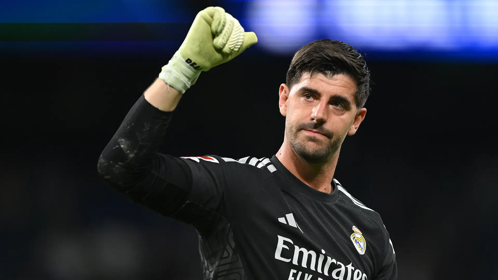 MADRID, SPAIN - OCTOBER 10: Thibaut Courtois of Real Madrid celebrates victory after the LaLiga EA Sports 2026/27 match between Real Madrid and Villarreal CF at Estadio Santiago Bernabeu on October 10, 2026 in Madrid, Spain. (Photo by Denis Doyle/Getty Images)