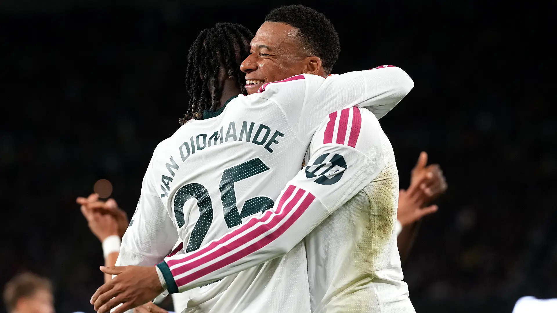 BARCELONA, SPAIN - OCTOBER 25: Kylian Mbappe of Real Madrid celebrates scoring his team’s first goal with teammate Yan Diomande during the LaLiga EA Sports 2026/27 match between FC Barcelona and Real Madrid at Spotify Camp Nou on October 25, 2026 in Barcelona, Spain. (Photo by Alex Caparros/Getty Images)