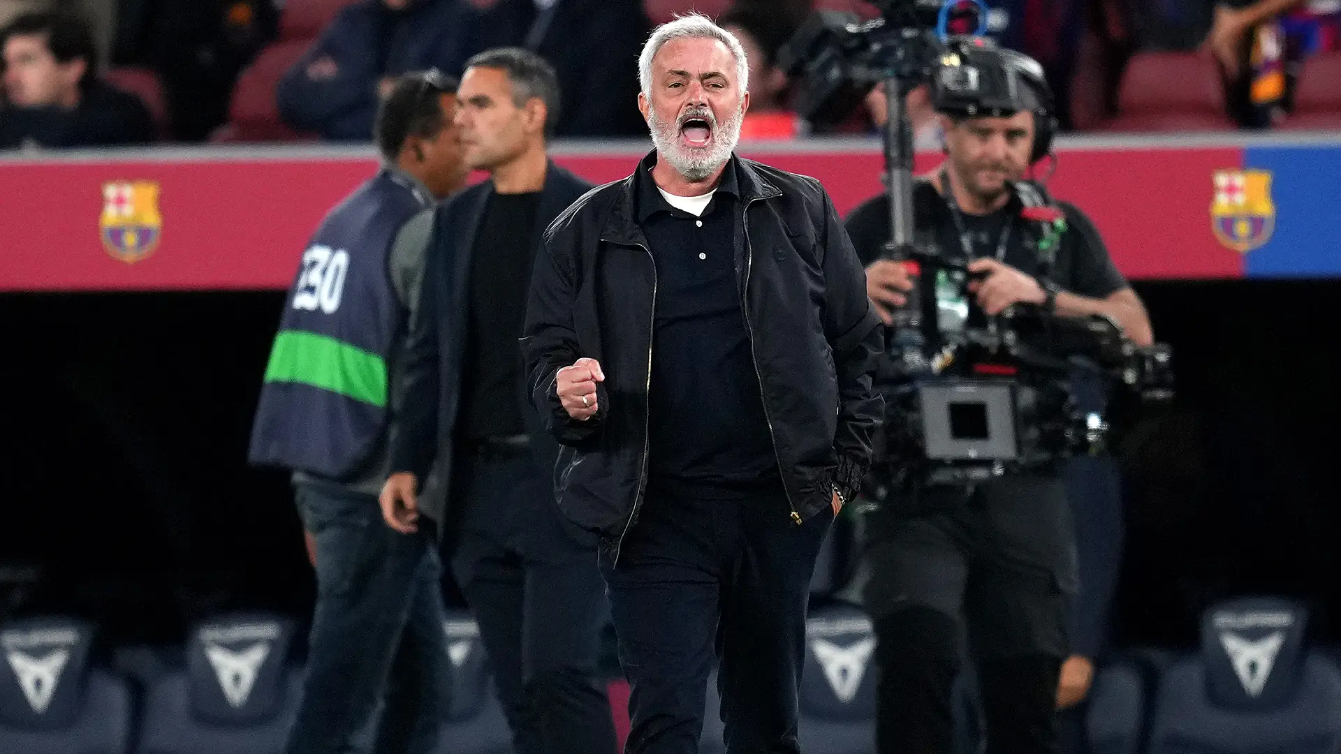 BARCELONA, SPAIN - OCTOBER 25: Jose Mourinho, Head Coach of Real Madrid, celebrates after the LaLiga EA Sports 2026/27 match between FC Barcelona and Real Madrid at Spotify Camp Nou on October 25, 2026 in Barcelona, Spain. (Photo by Alex Caparros/Getty Images)