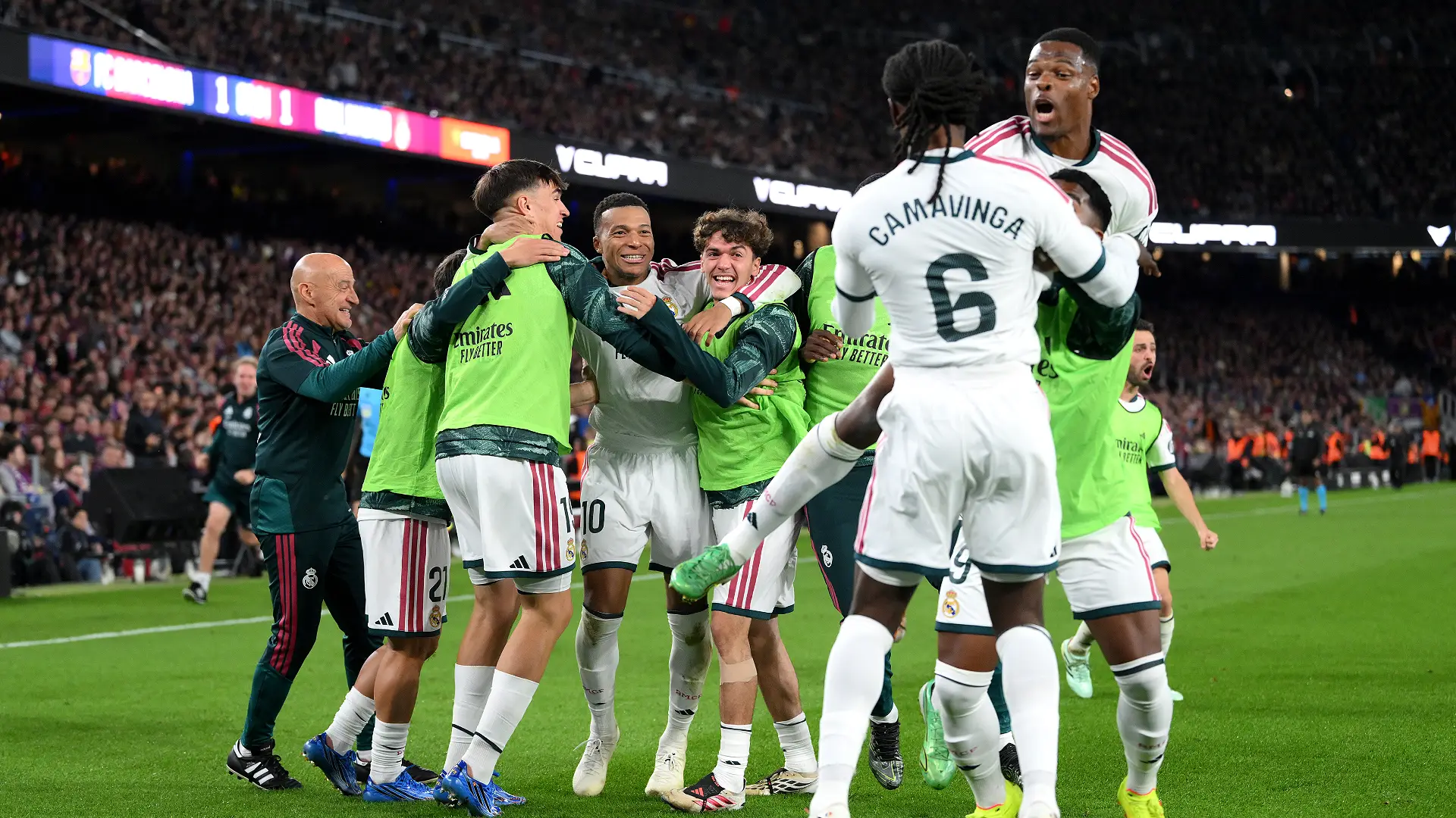 BARCELONA, SPAIN - OCTOBER 25: Kylian Mbappe of Real Madrid celebrates scoring his team’s second goal with teammates during the LaLiga EA Sports 2026/27 match between FC Barcelona and Real Madrid at Spotify Camp Nou on October 25, 2026 in Barcelona, Spain. (Photo by David Ramos/Getty Images)