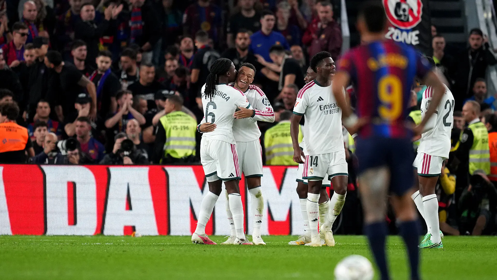 BARCELONA, SPAIN - OCTOBER 25: Kylian Mbappe of Real Madrid celebrates scoring his team’s second goal with teammate Eduardo Camavinga during the LaLiga EA Sports 2026/27 match between FC Barcelona and Real Madrid at Spotify Camp Nou on October 25, 2026 in Barcelona, Spain. (Photo by Alex Caparros/Getty Images)