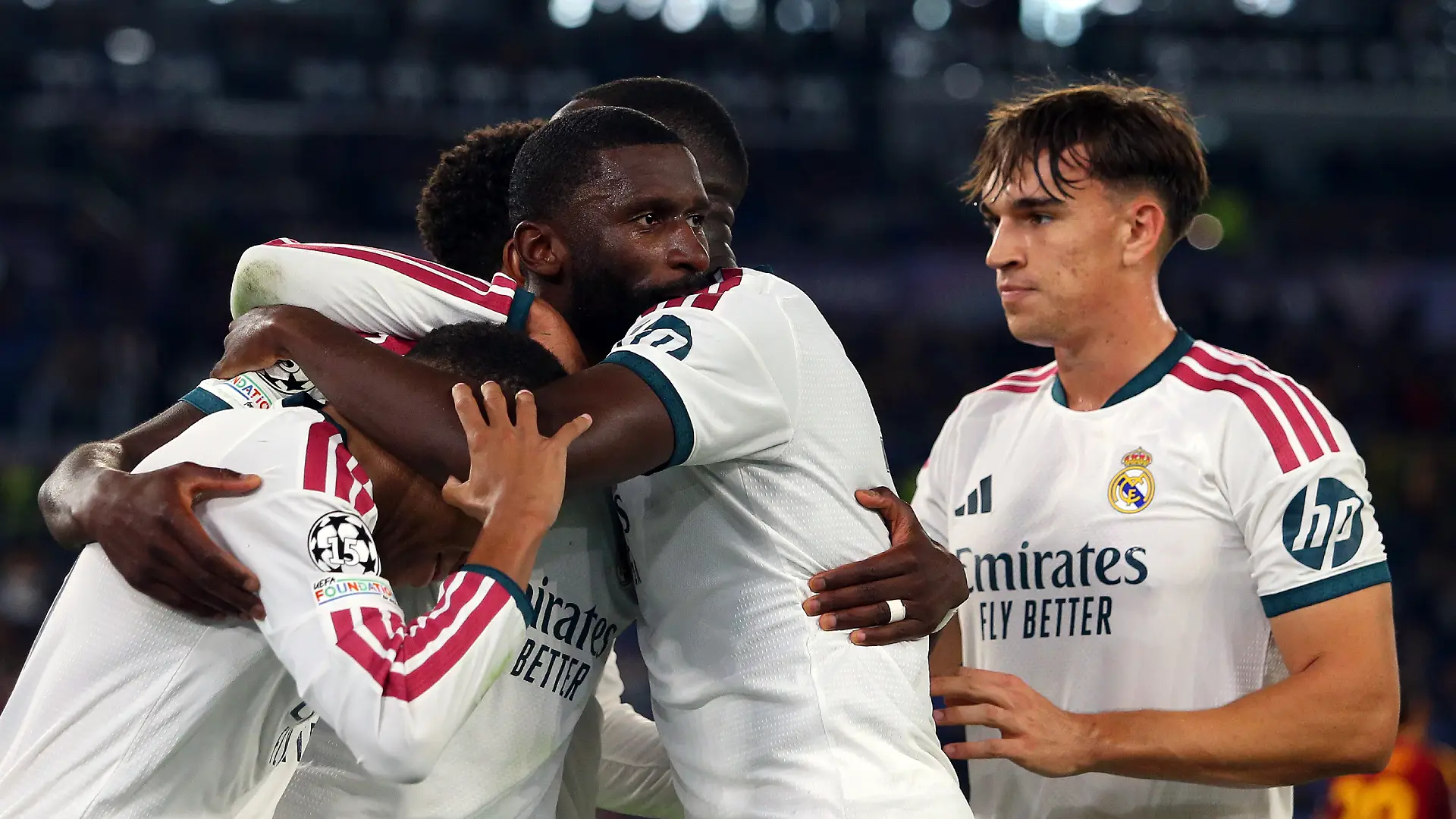 ROME, ITALY - OCTOBER 14: Antonio Rudiger of Real Madrid celebrates scoring his team’s fourth goal with teammates during the UEFA Champions League 2026/27 League Phase MD2 match between AS Roma and Real Madrid C.F. at Stadio Olimpico on October 14, 2026 in Rome, Italy. (Photo by Paolo Bruno/Getty Images)