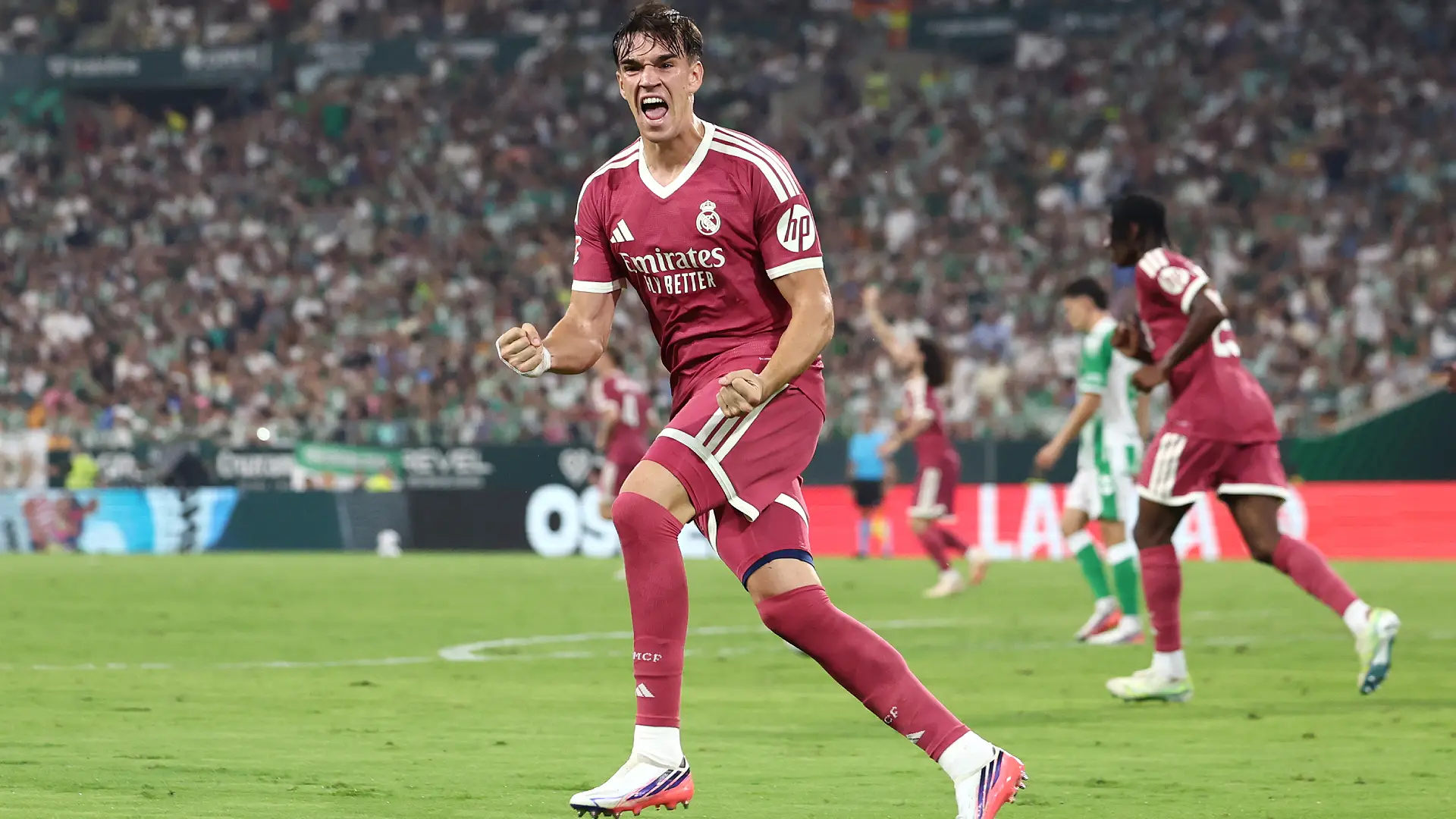 Real Betis Balompie v Real Madrid - LaLiga EA Sports 2026/27 SEVILLE, SPAIN - SEPTEMBER 04: Carlos Espi of Real Madrid celebrates scoring a goal which was later disallowed for offside during the LaLiga EA Sports 2026/27 match between Real Betis Balompie and Real Madrid at Estadio La Cartuja on September 04, 2026 in Seville, Spain. (Photo by Fran Santiago/Getty Images)