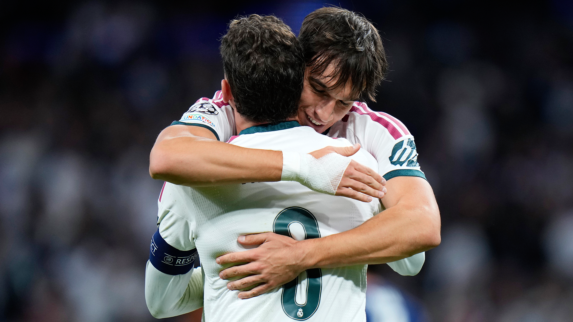 MADRID, SPAIN - OCTOBER 21: Carlos Espi and Federico Valverde of Real Madrid celebrate after the UEFA Champions League 2026/27 League Phase MD3 match between Real Madrid C.F. and RB Leipzig at Estadio Santiago Bernabeu on October 21, 2026 in Madrid, Spain. (Photo by Diego Souto/Getty Images)